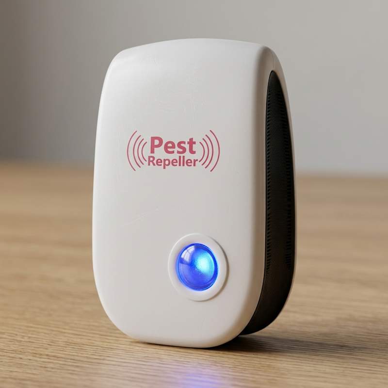 Dispositivo repellente a ultrasuoni SilentGuard su sfondo neutro con LED acceso