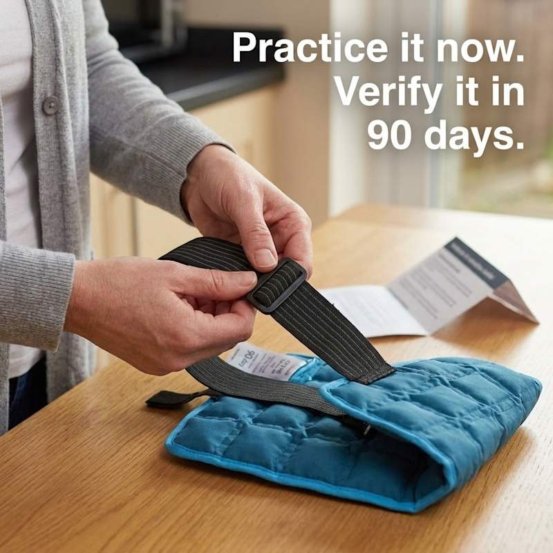 Close-up of hands practicing fastening the Frostane strap one-handed near a 90-day guarantee card
