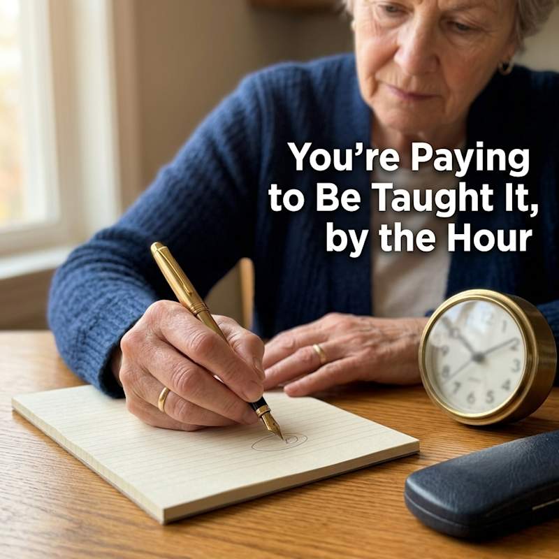 Hand circling a dollar figure on a notepad beside a small desk clock