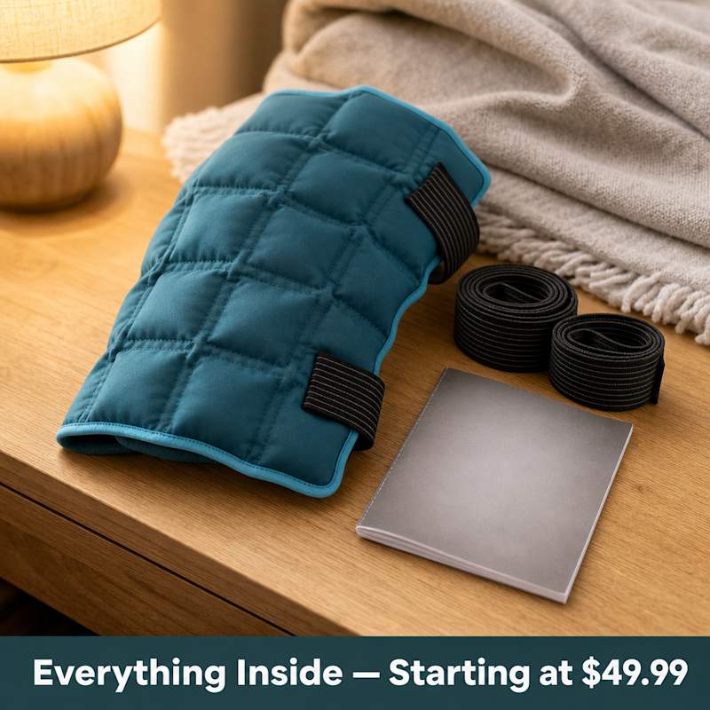 Frostane knee wrap bundle with two adjustable straps and instruction manual laid out