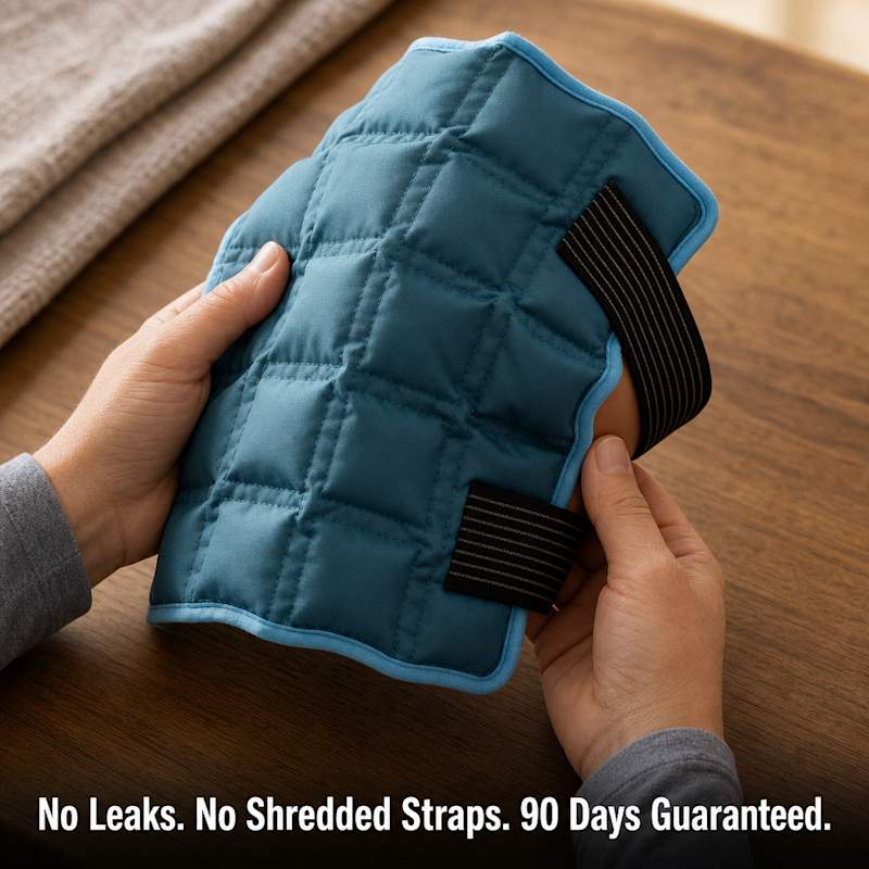 Close-up of hands flexing a quilted knee wrap to show its grid stitching holding together
