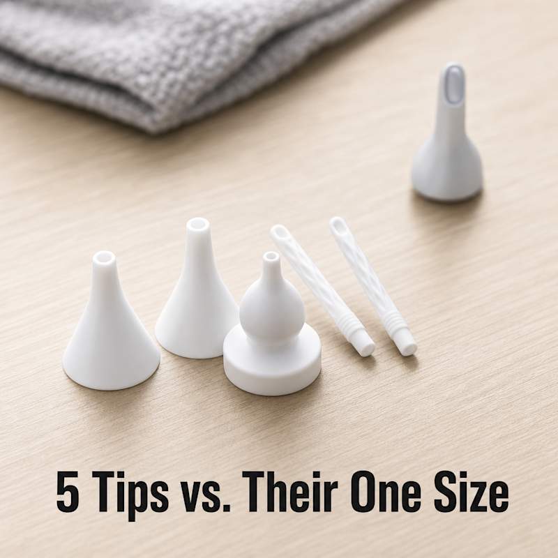 Vacurio five-tip kit fanned out beside a generic scoop tip