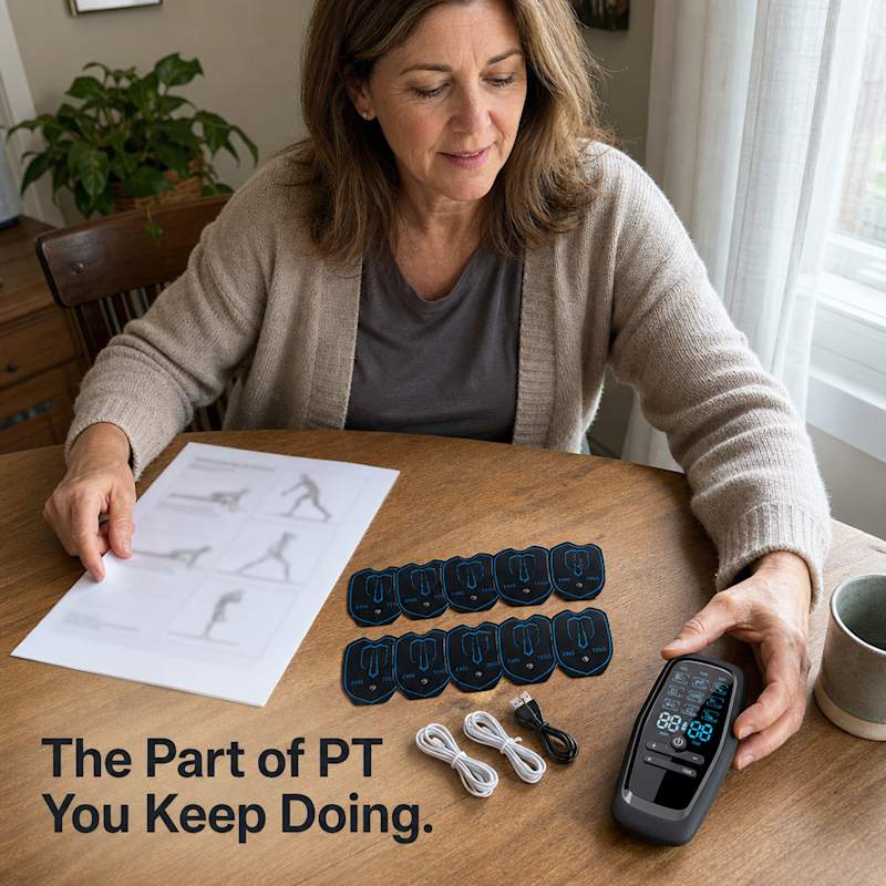 Woman at her dining table setting aside a printed physical therapy exercise sheet and picking up the control unit instead