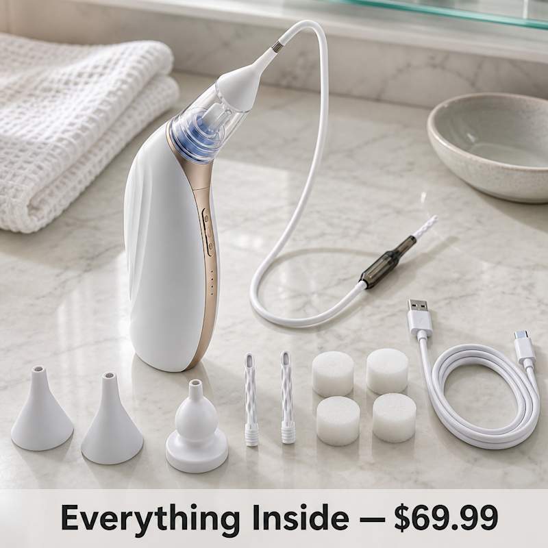 Vacurio unit with all five tip attachments and USB-C charging cable laid out
