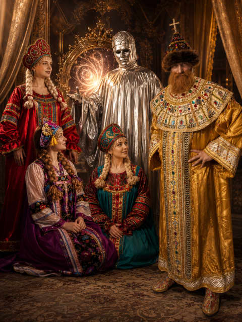 Персонажи сказки «Три сестрицы под окном»: царь, три сестрицы и волшебное зеркало