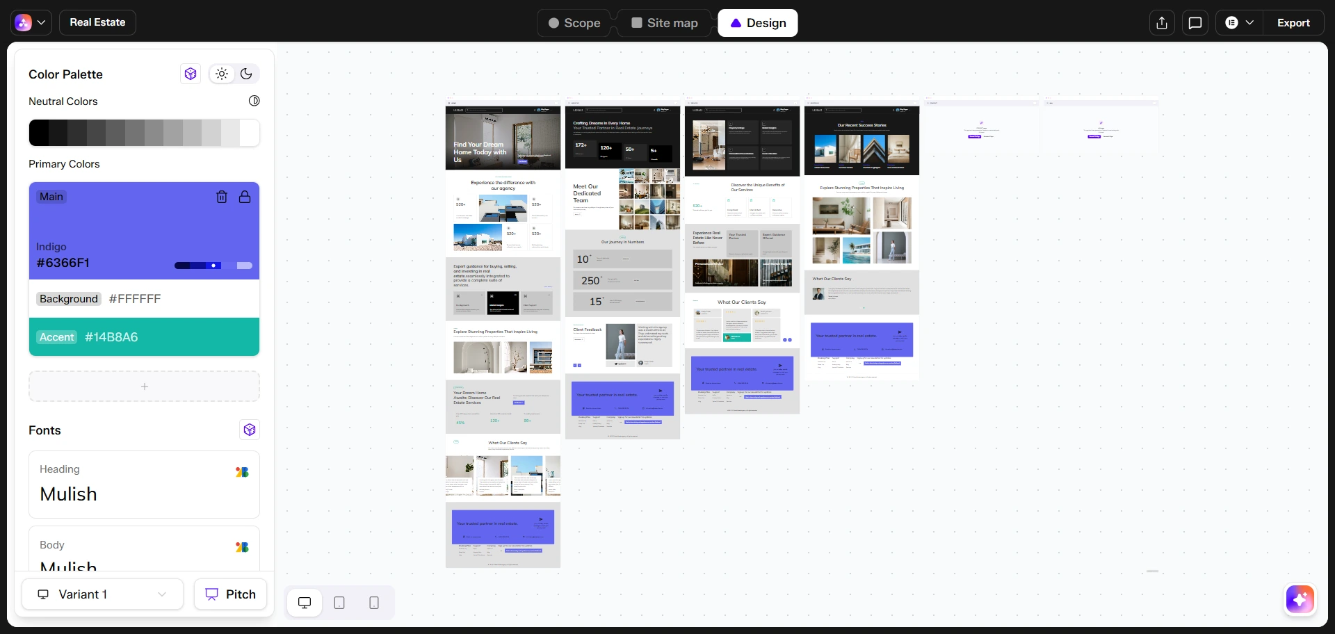Design Editor showing a generated website with color palette options and font pairs in the sidebar