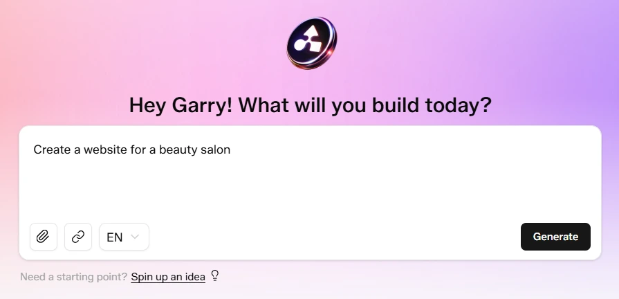 SproutOS prompt box with example text 'Make a website for a restaurant' and the Generate button