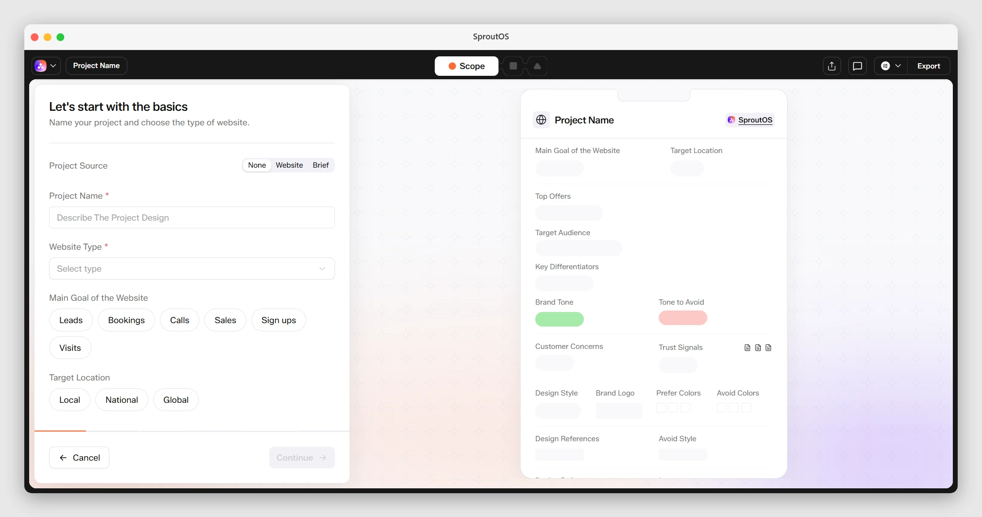 Guided Brief opening screen showing the first step of the questionnaire