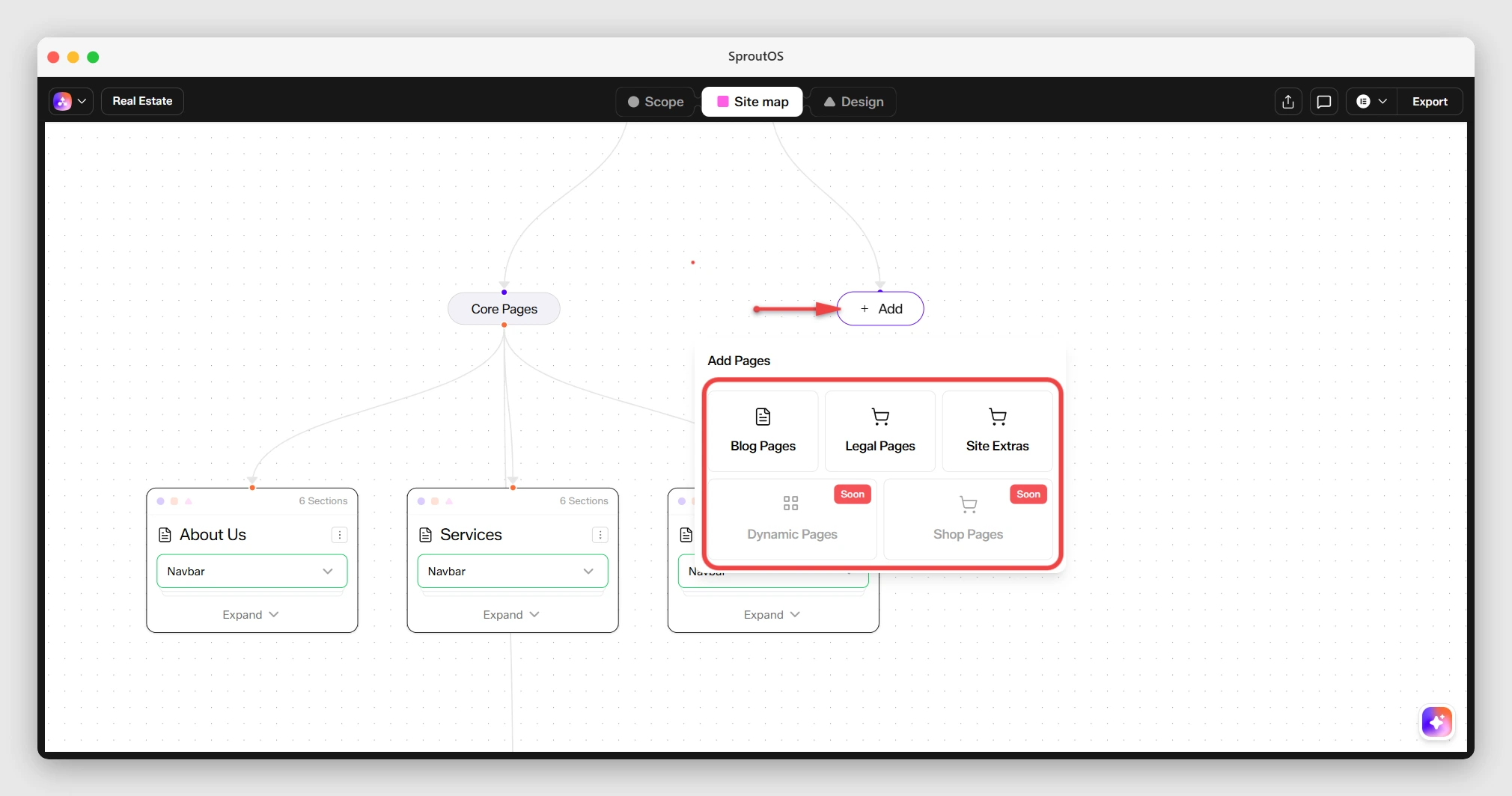 Add page popup showing Blog Pages, Legal Pages, and Site Extras categories