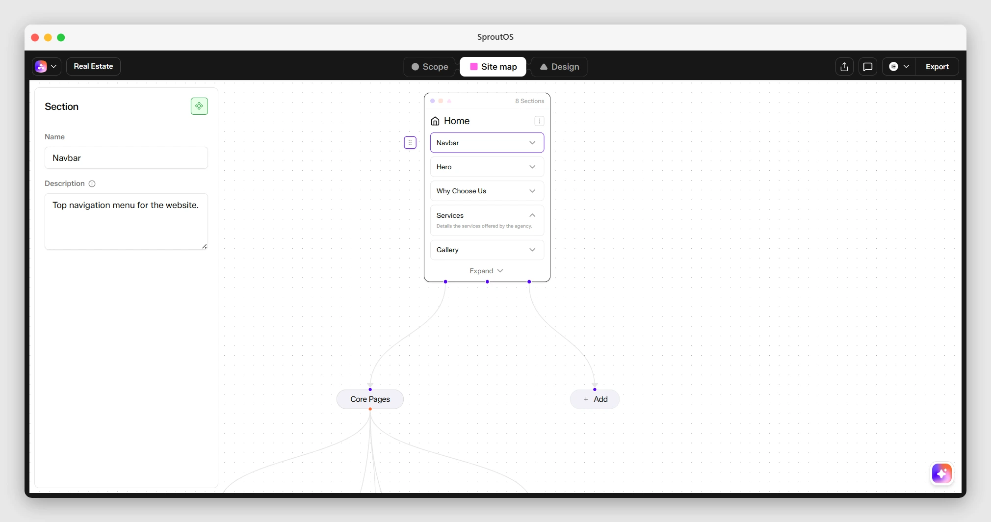 Side panel showing section name and editable description field