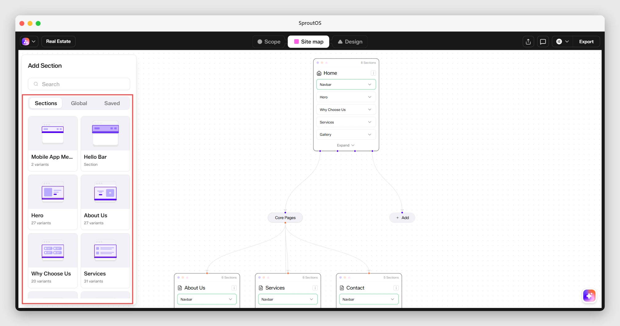 Side panel with Section, Global, and Saved tabs for adding a new section