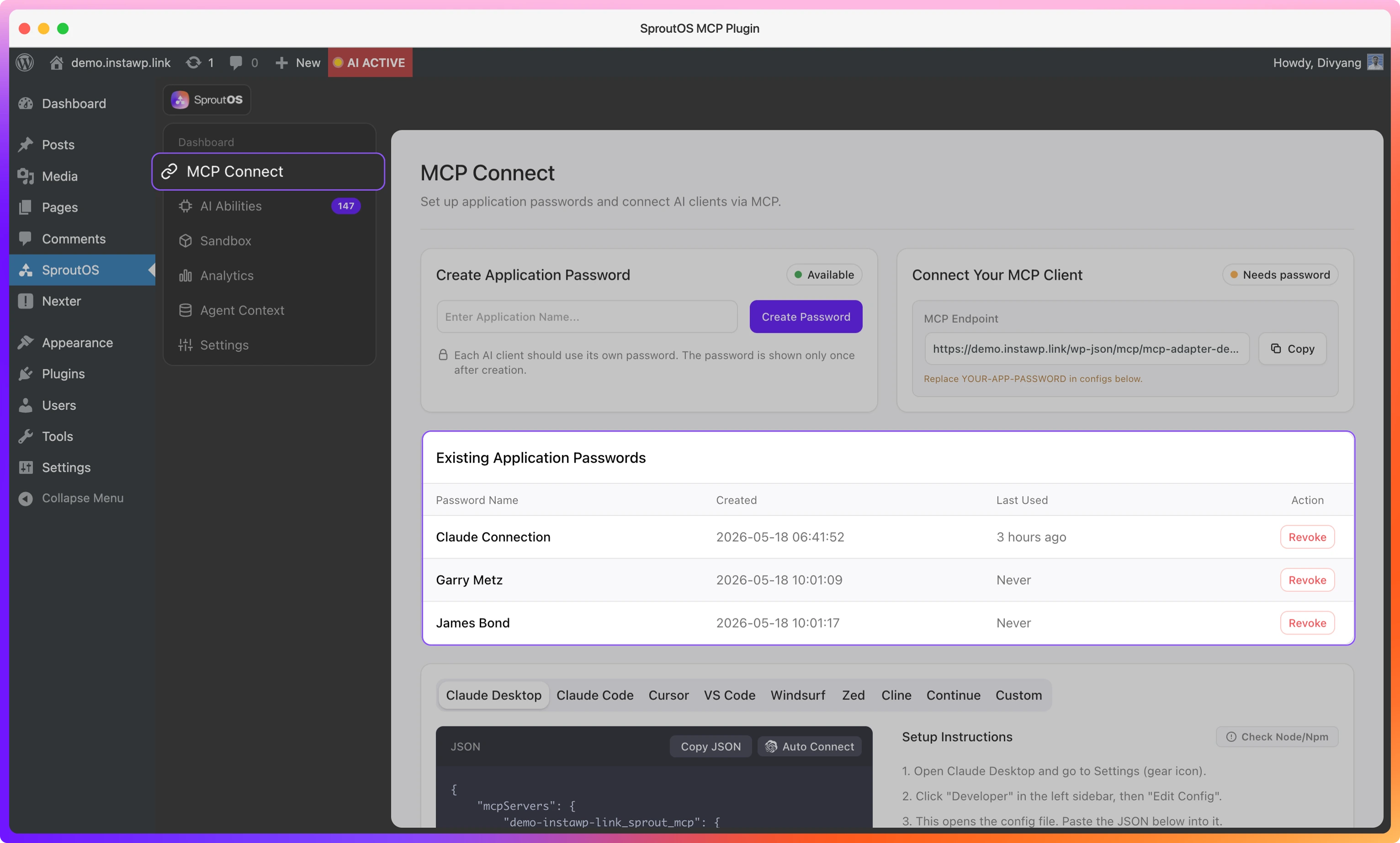 Managing connection passwords in SproutOS MCP Connect