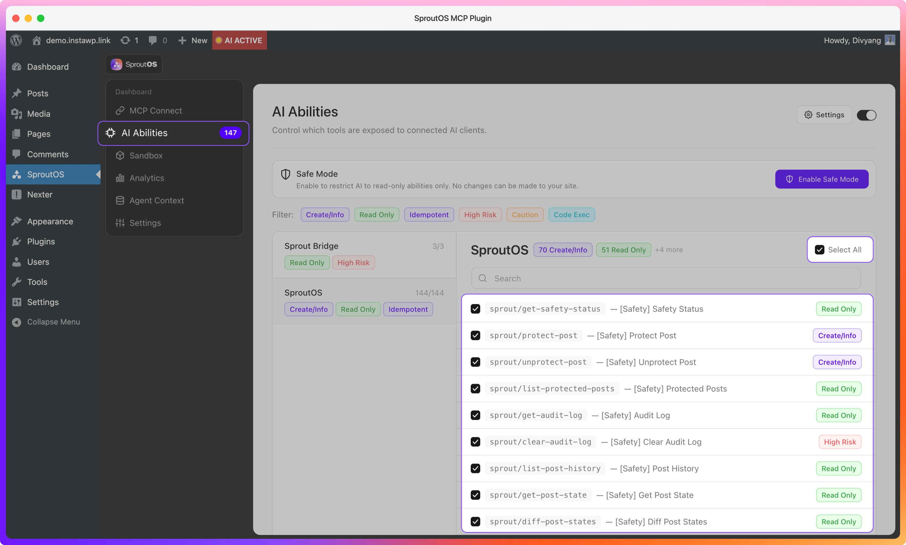 Ability Manager showing individual ability toggles by category