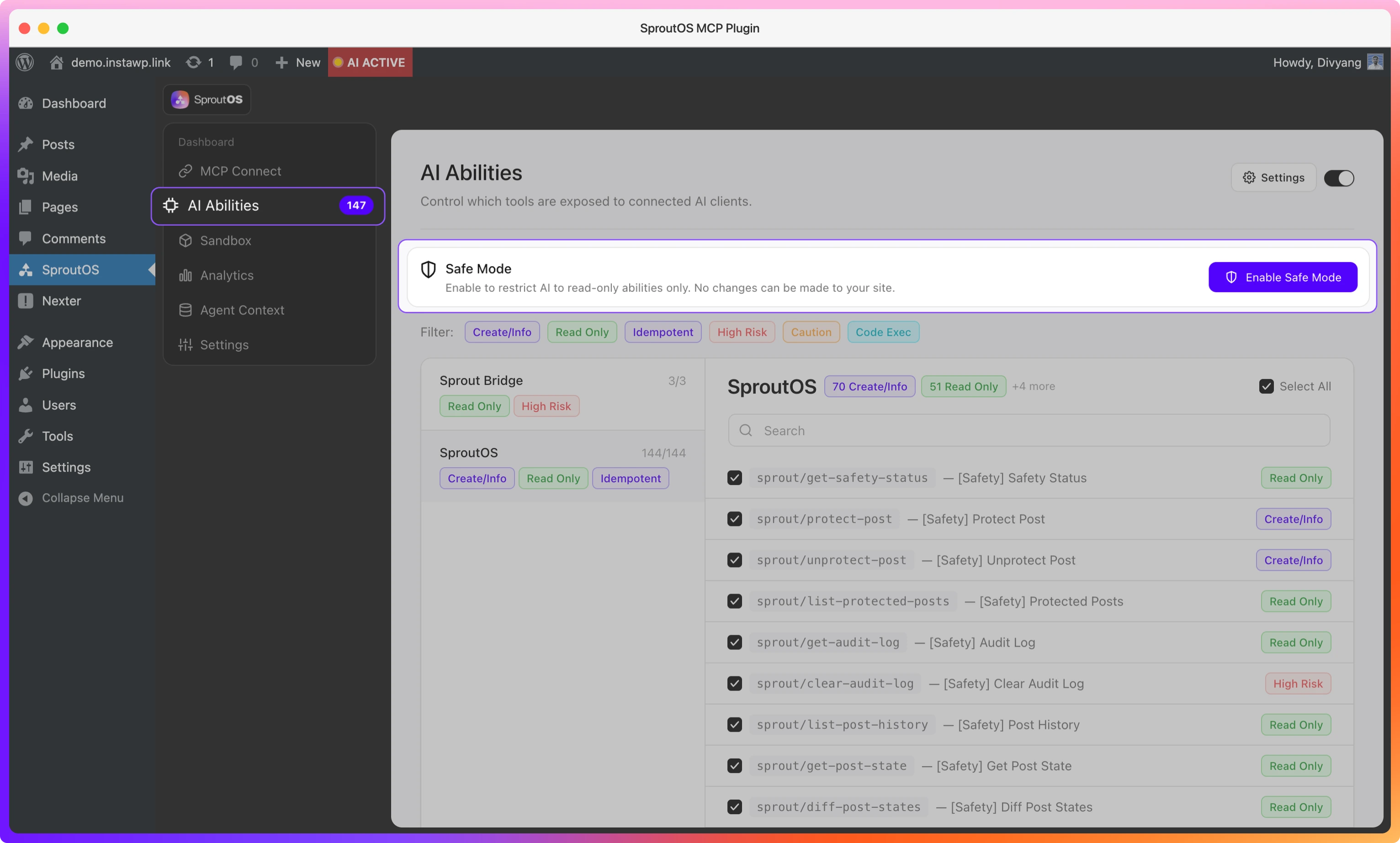 Safe Mode toggle in SproutOS AI Abilities
