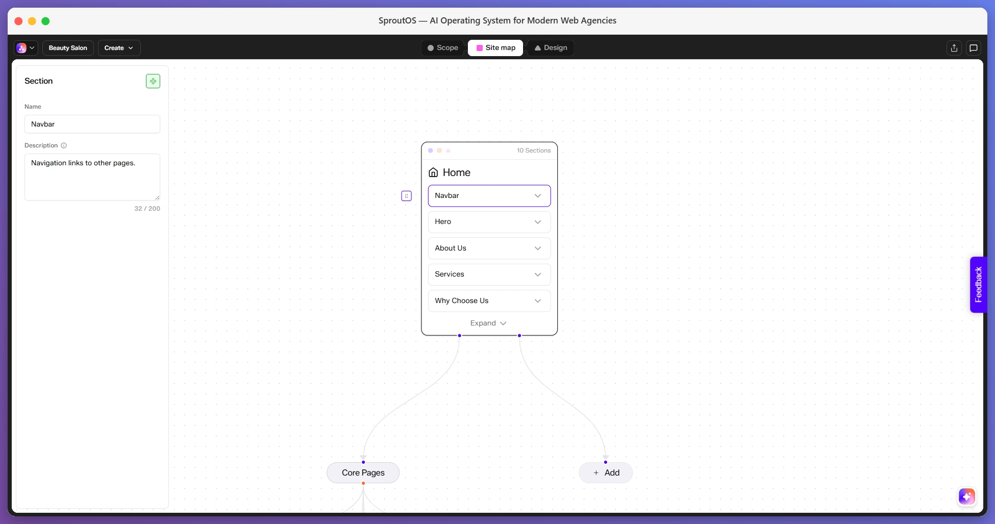 Side panel showing section name and editable description field
