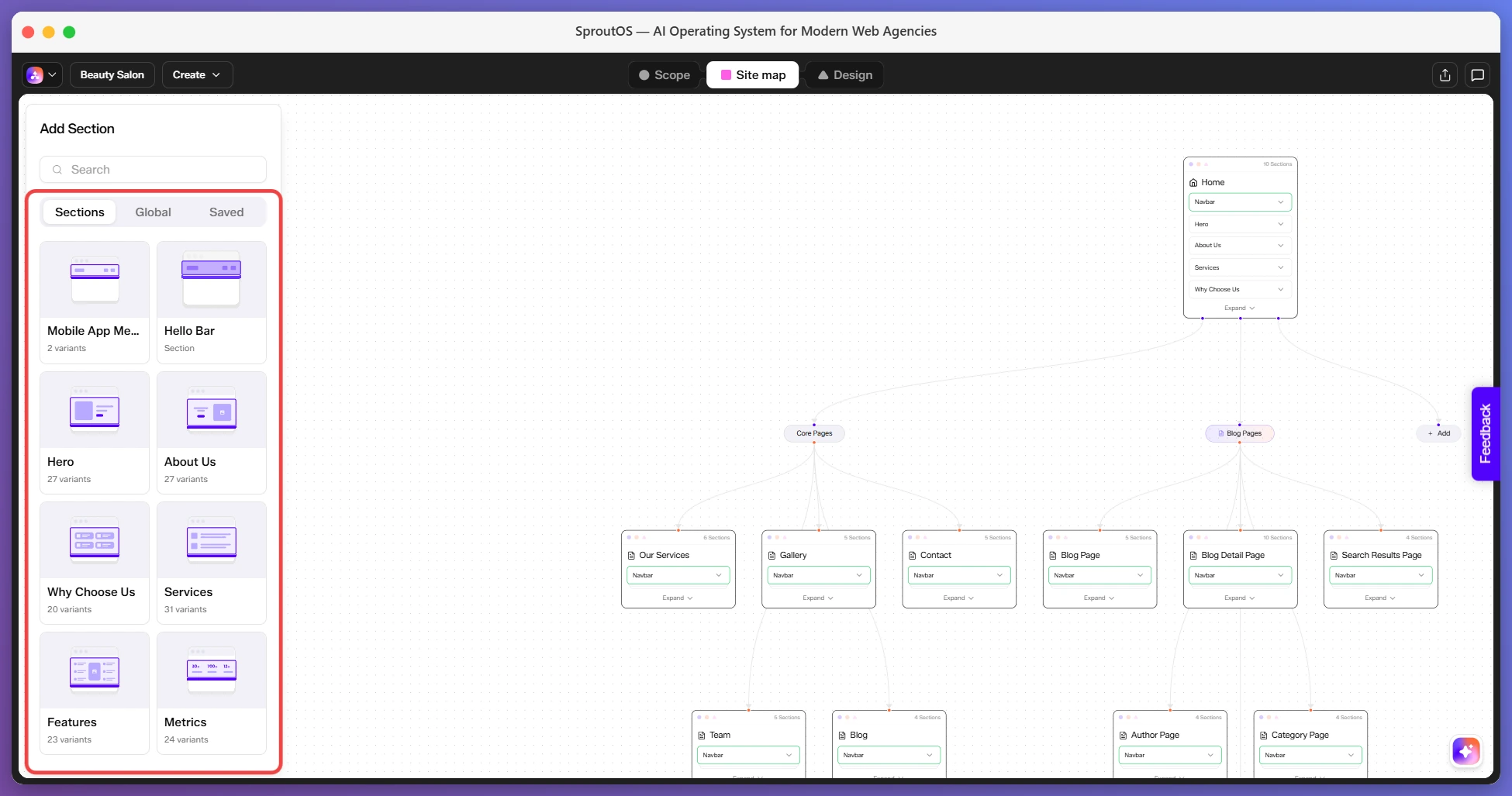 Side panel with Section, Global, and Saved tabs for adding a new section