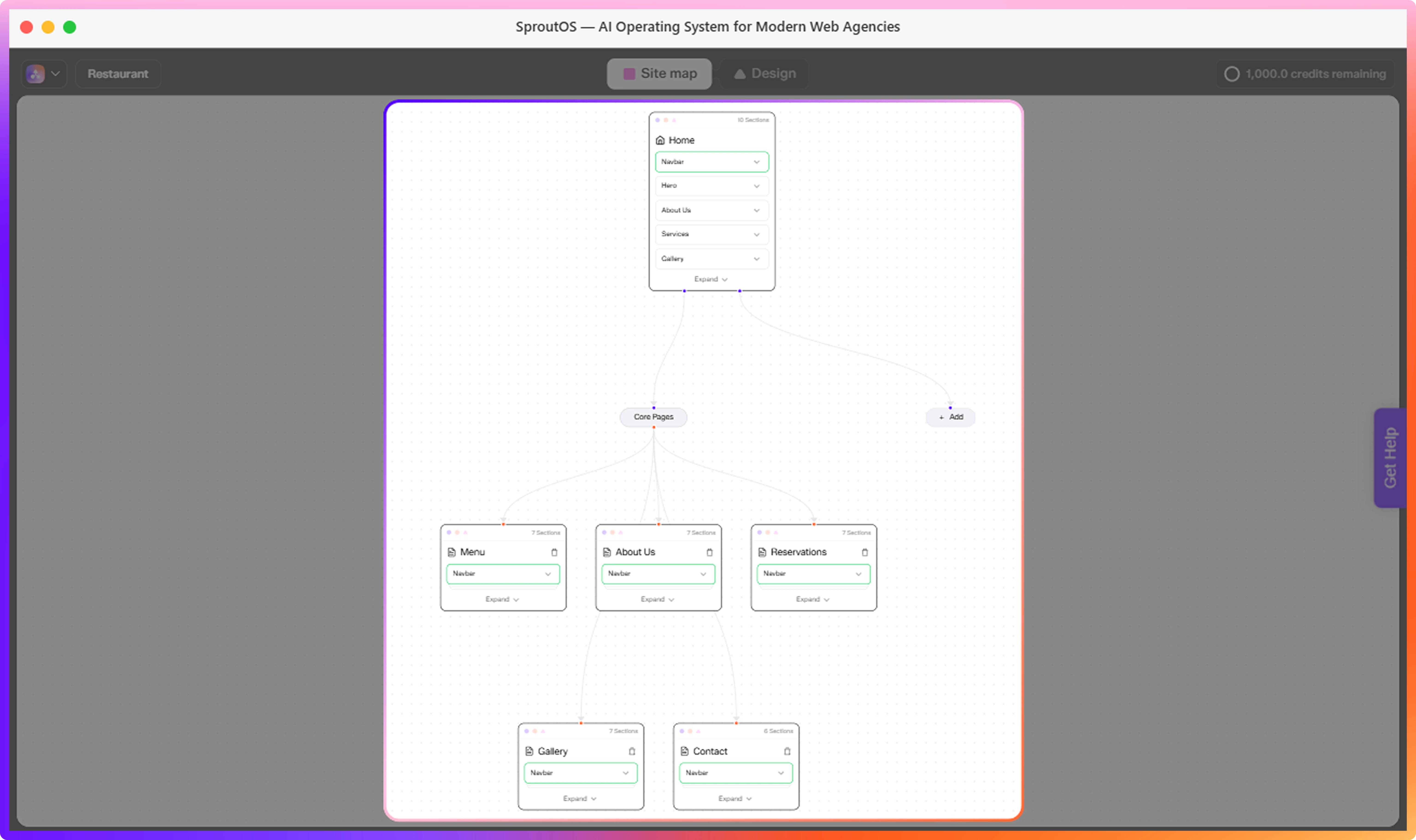 Sitemap Editor showing auto-generated pages and sections in a visual layout