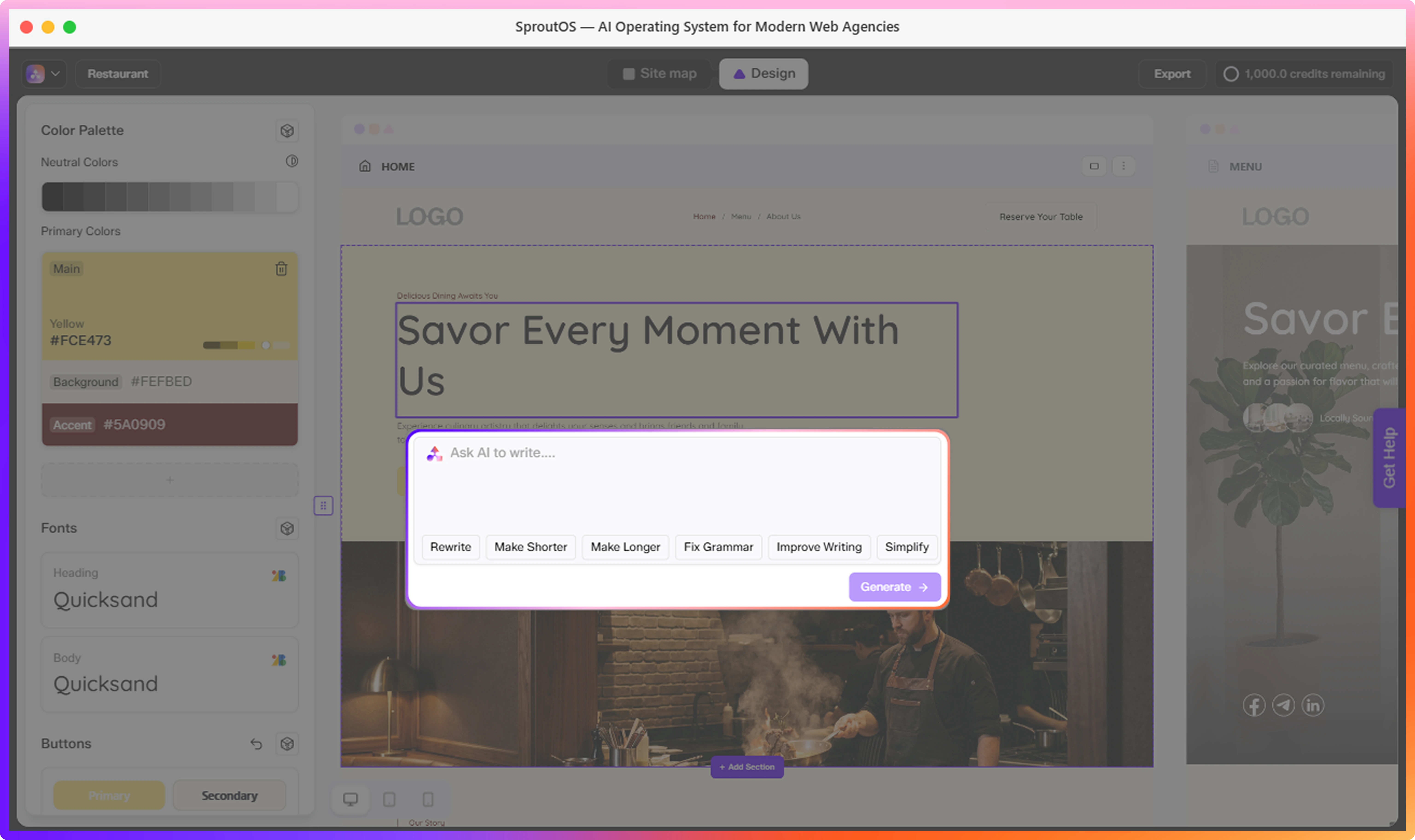 Text editing panel showing AI actions including Rewrite, Make Shorter, Make Longer, and Fix Grammar