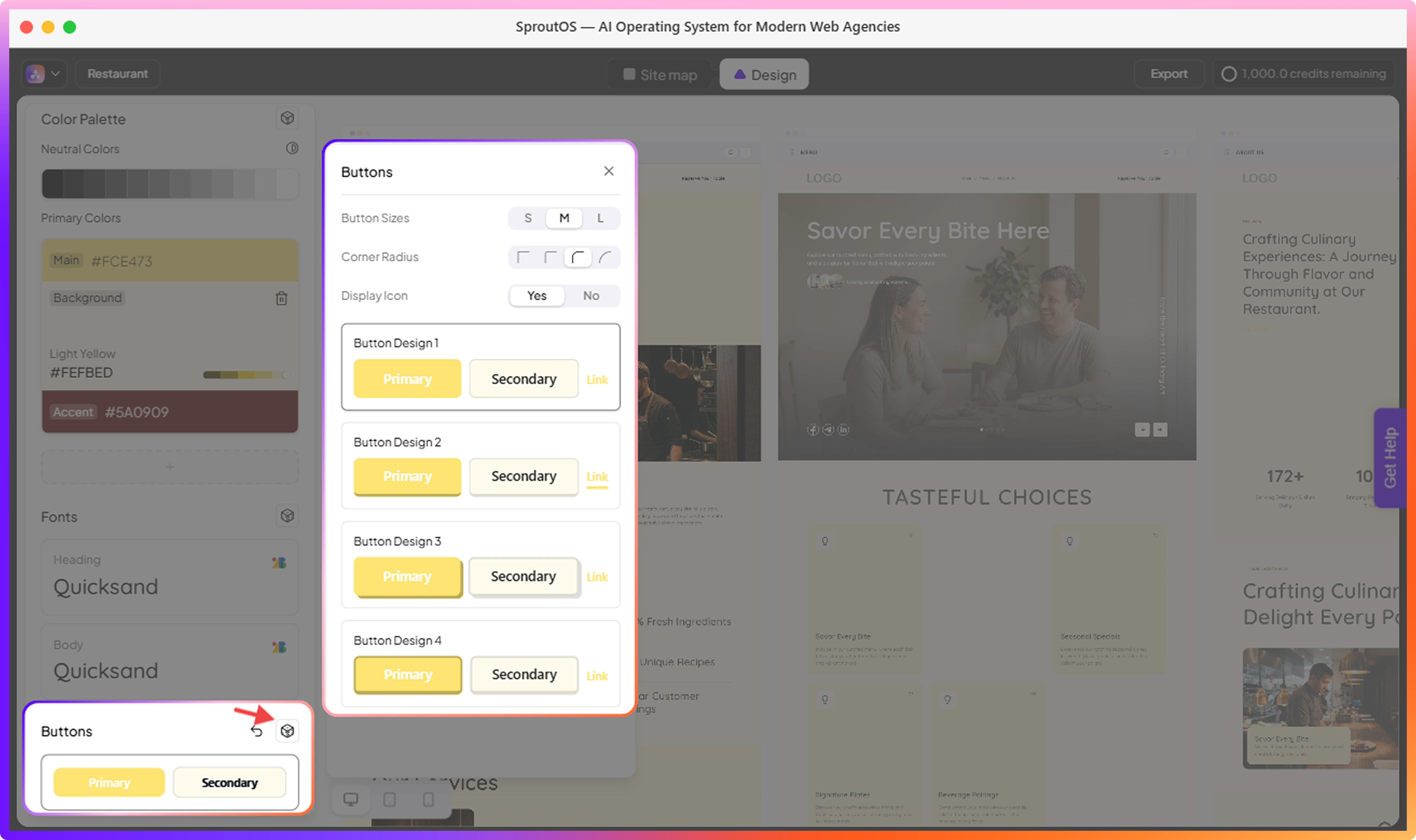 Buttons panel showing size, corner radius, icon toggle, and button design options