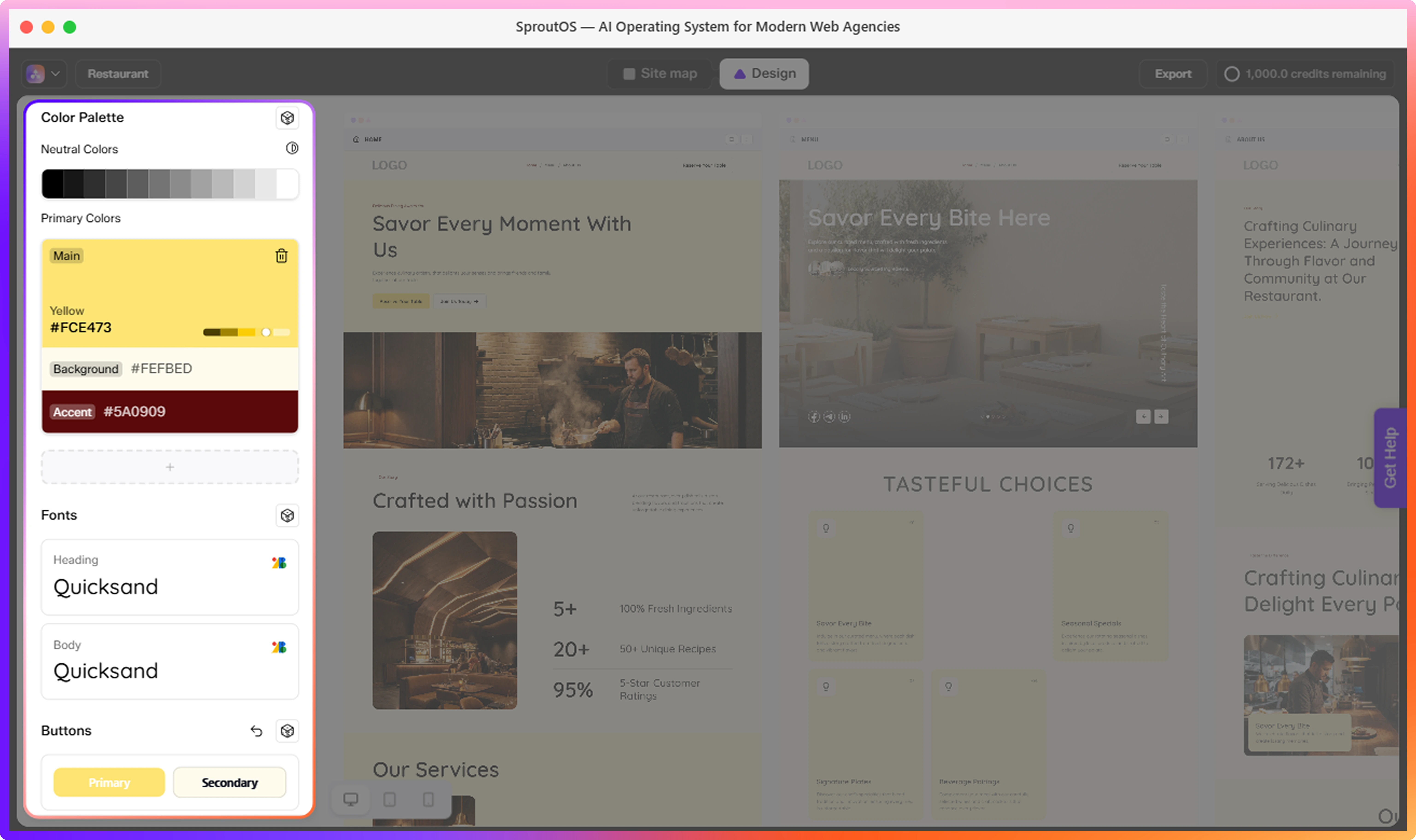Design Panel showing Color Palette, Fonts, Buttons, and Cards controls in the left sidebar