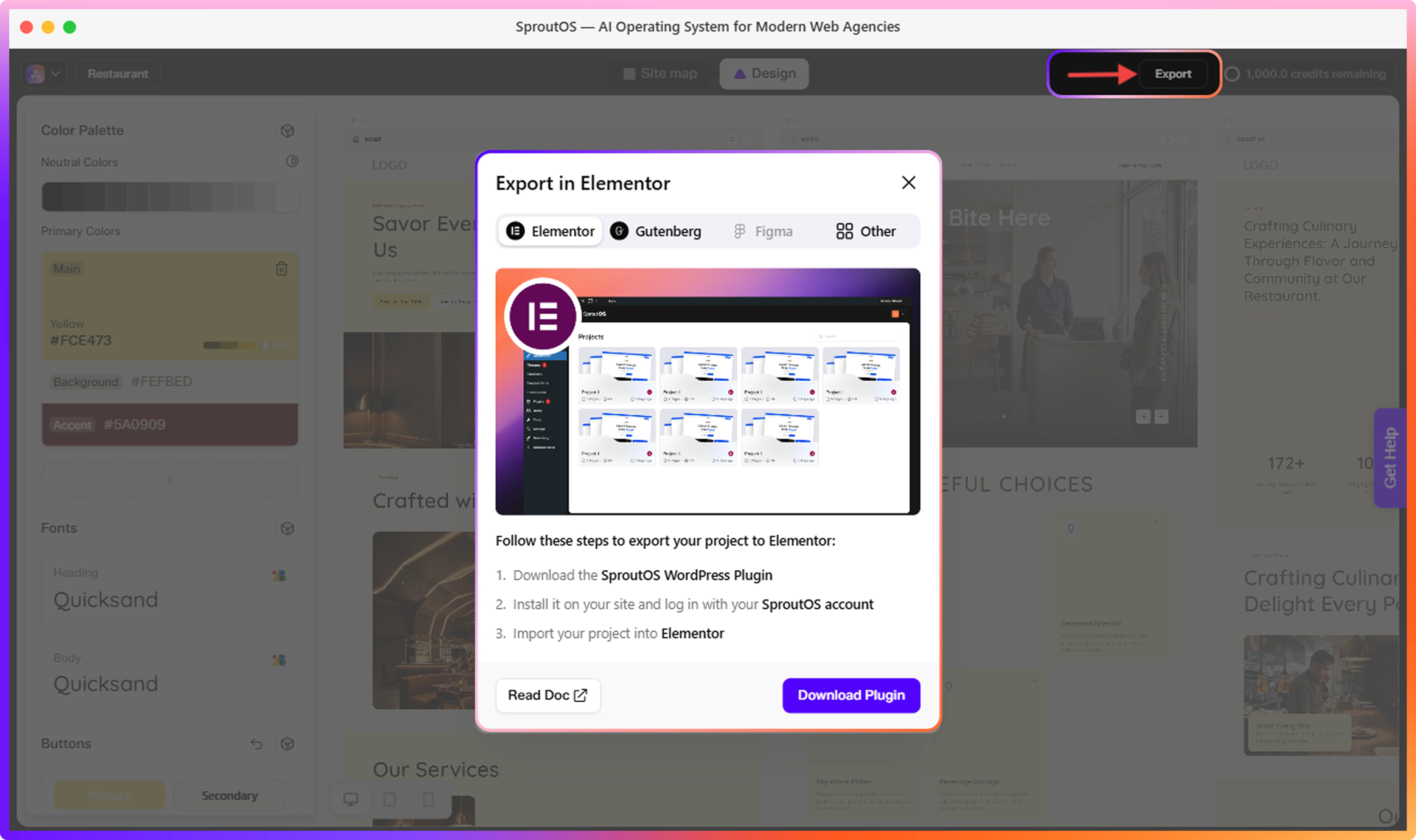 Export panel showing the two format options: Elementor and Gutenberg