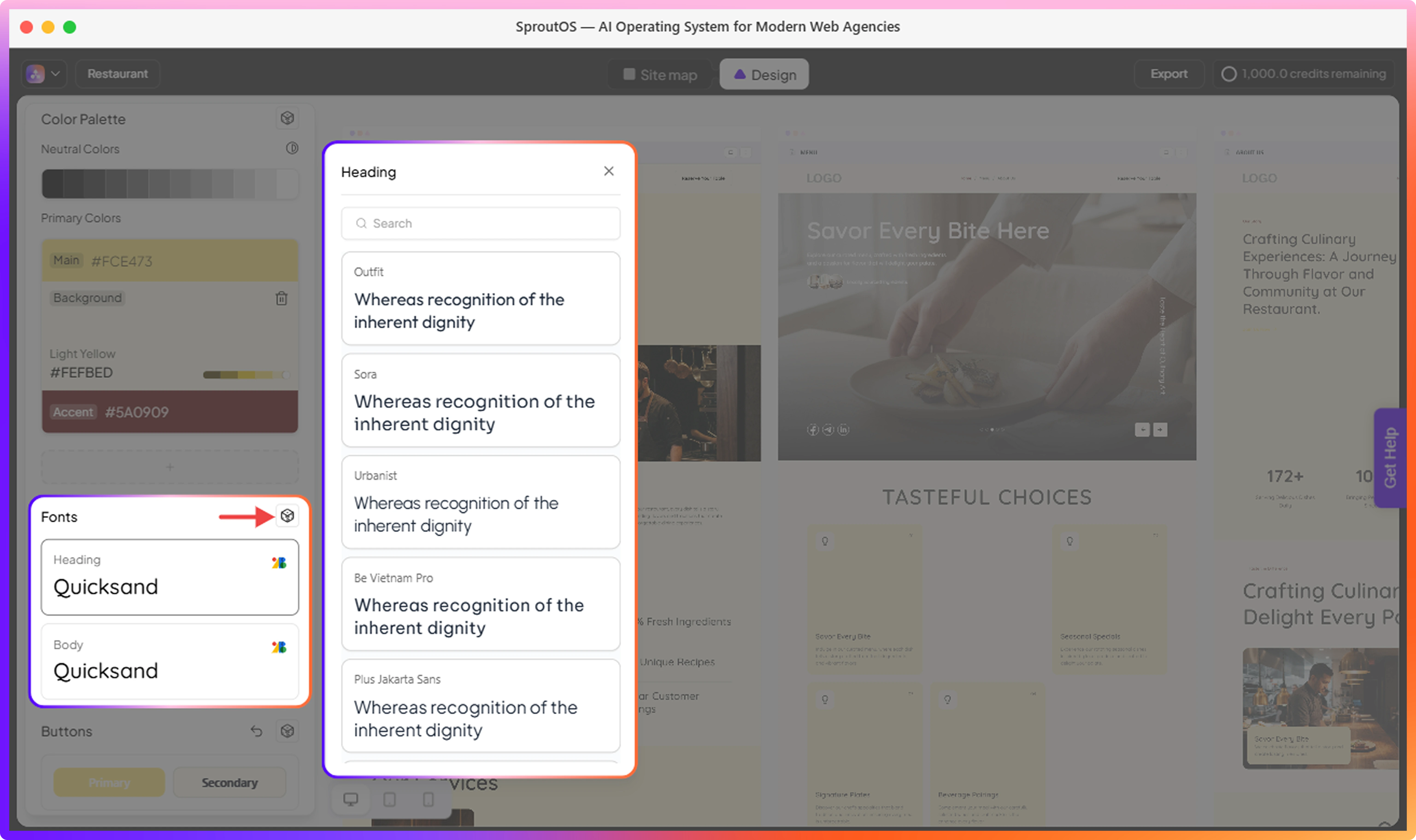 Fonts panel showing Google Fonts search with heading and body font selectors