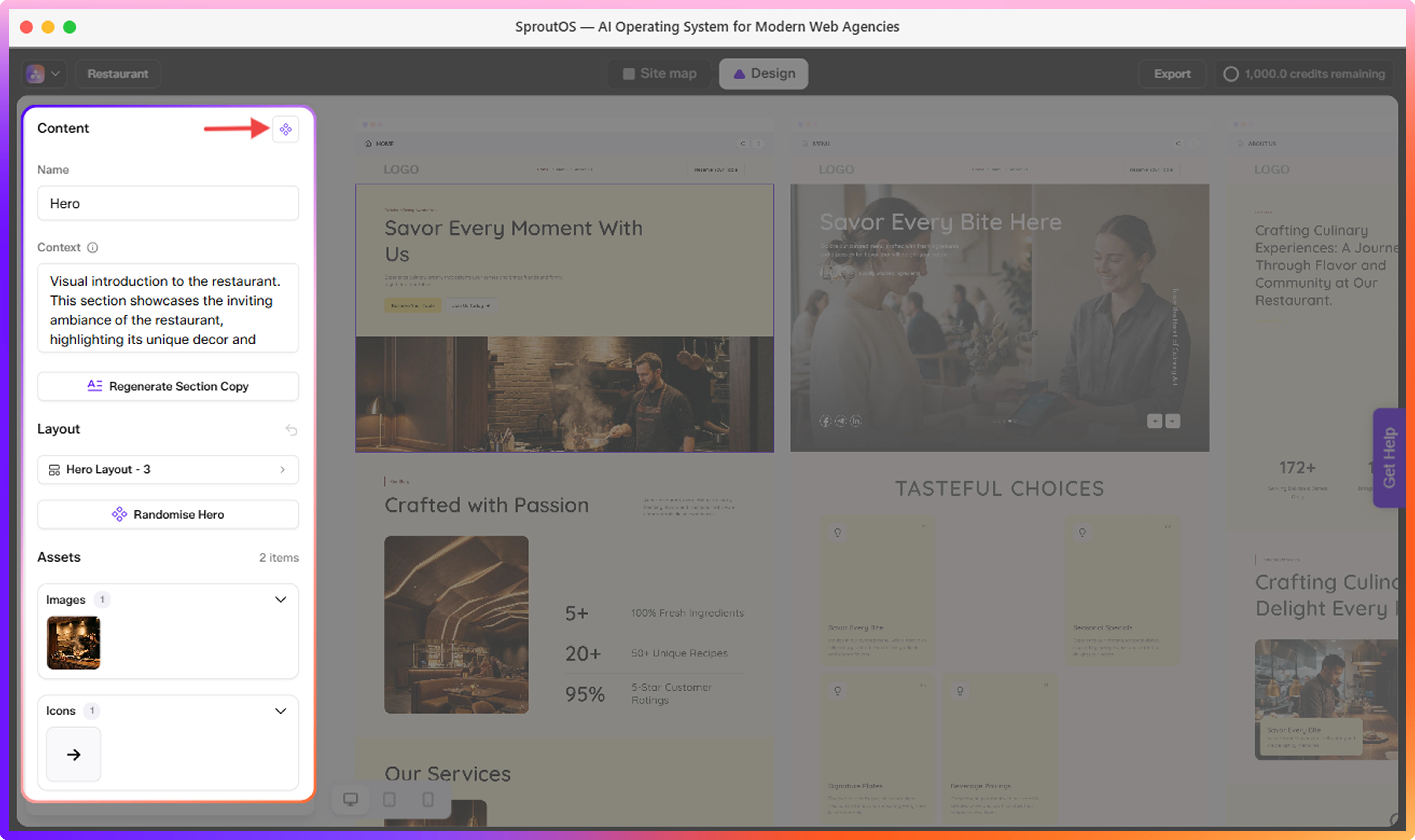 Section Layouts panel showing layout variants with AI Picks highlighted
