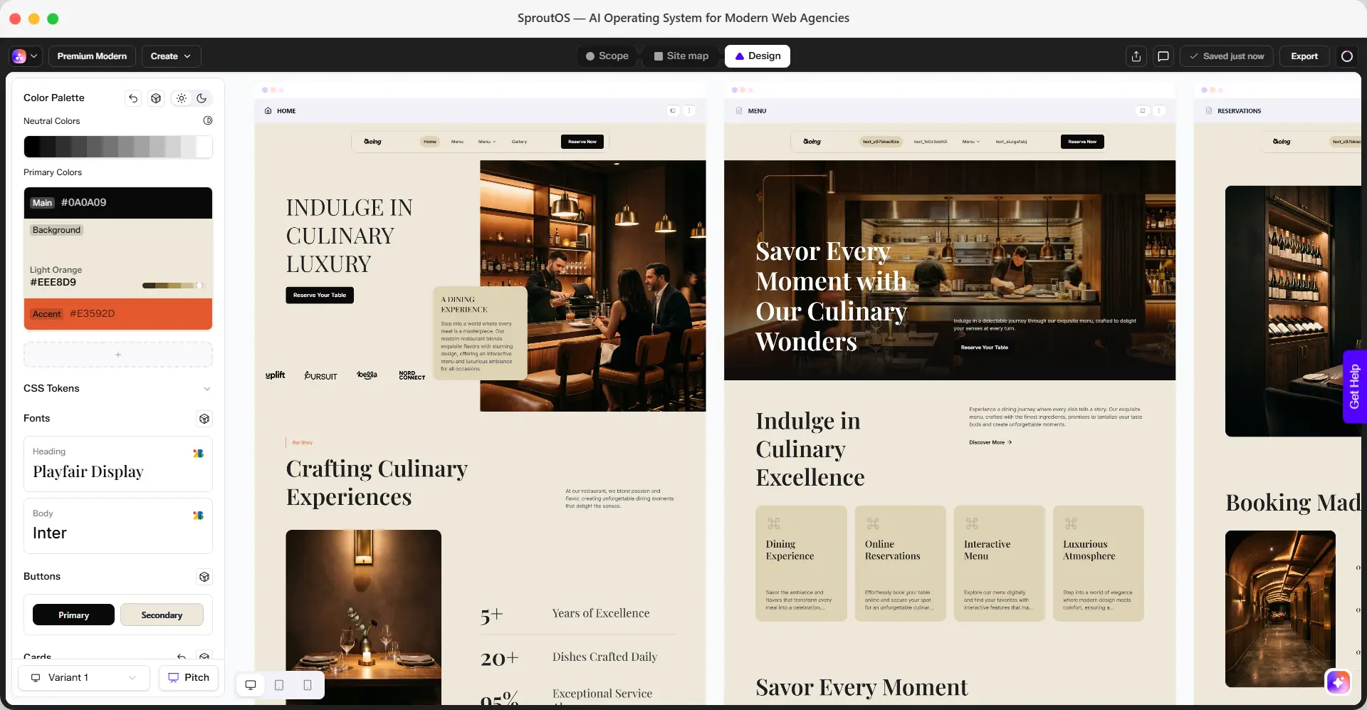 Design Editor showing multiple generated pages with the color palette panel open on the left