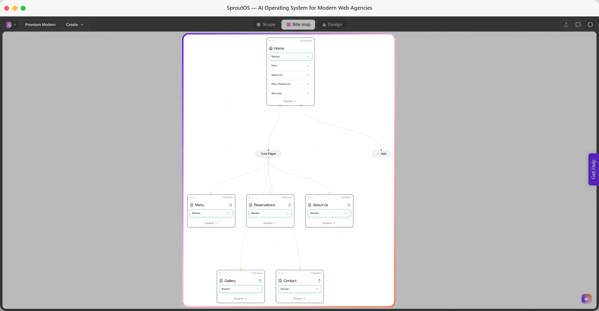 Sitemap Editor showing auto-generated pages and sections in a visual layout