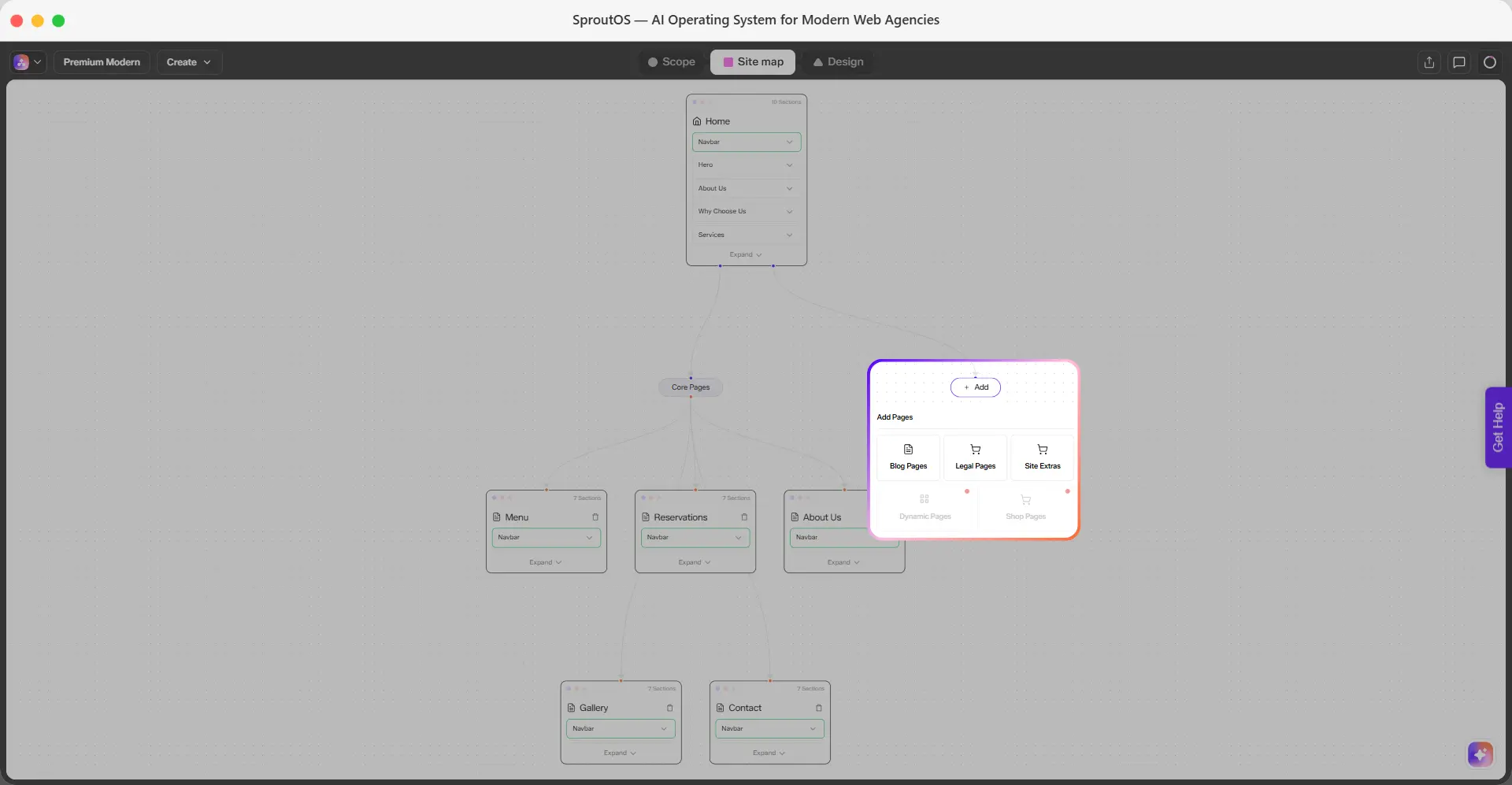 Add Pages popup showing Blog Pages, Legal Pages, and Site Extras categories