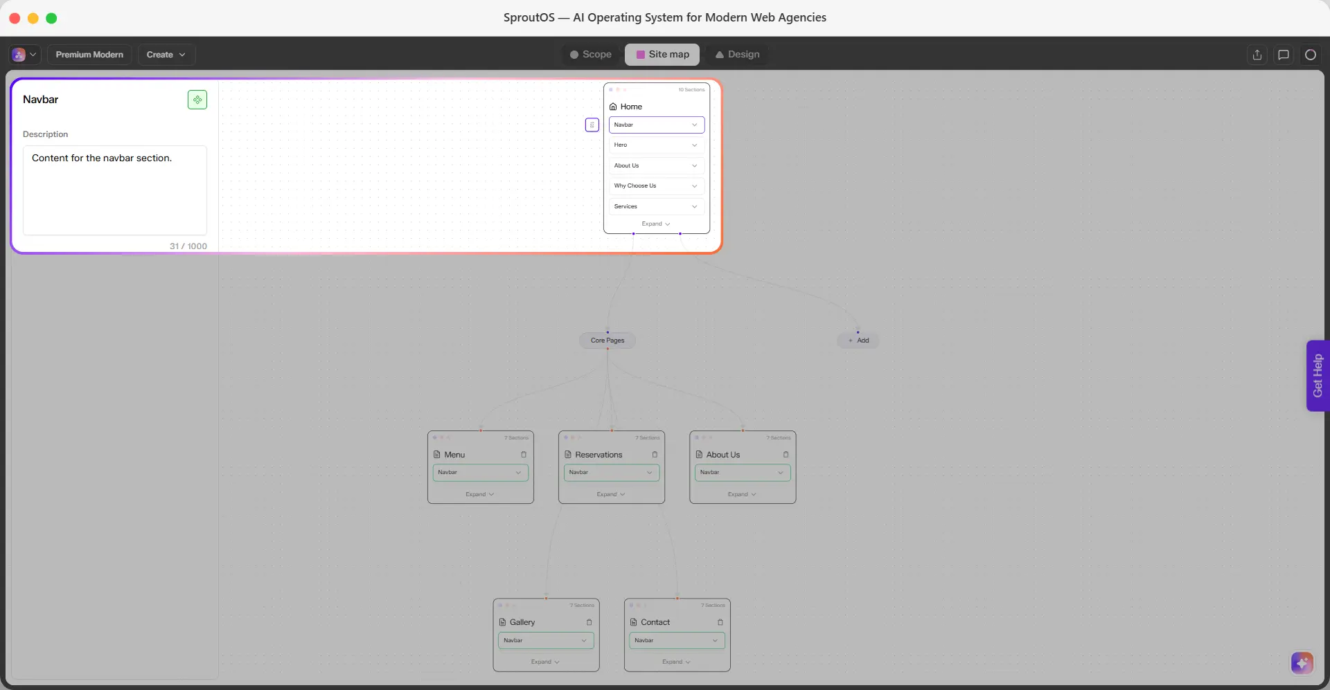 Side panel showing section name and editable description field