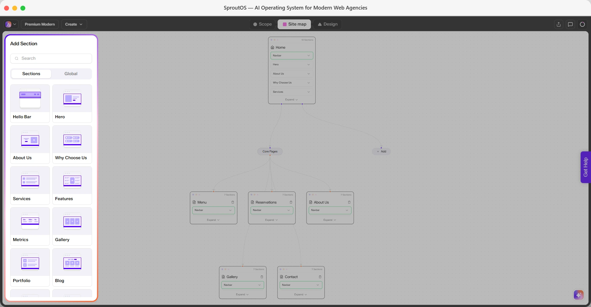 Side panel with Sections and Global tabs for adding a new section