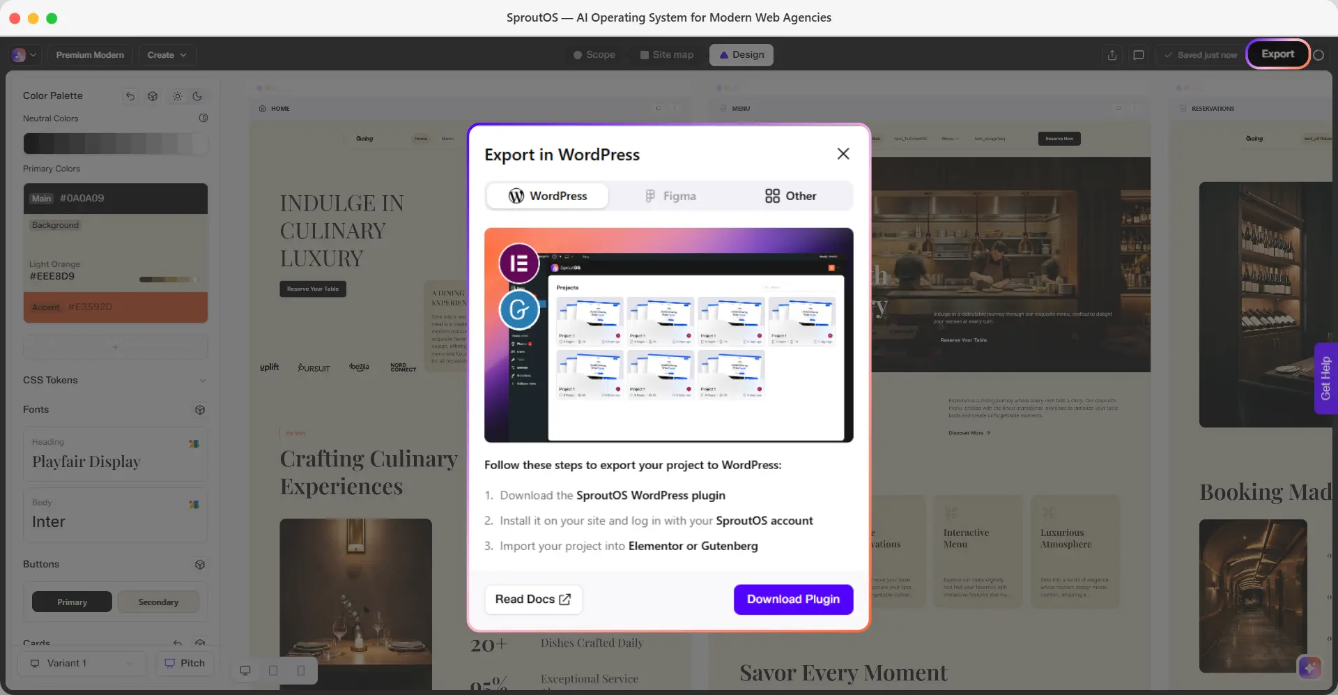 Export in WordPress modal showing the WordPress tab with steps to download the plugin, install it, and import into Elementor or Gutenberg