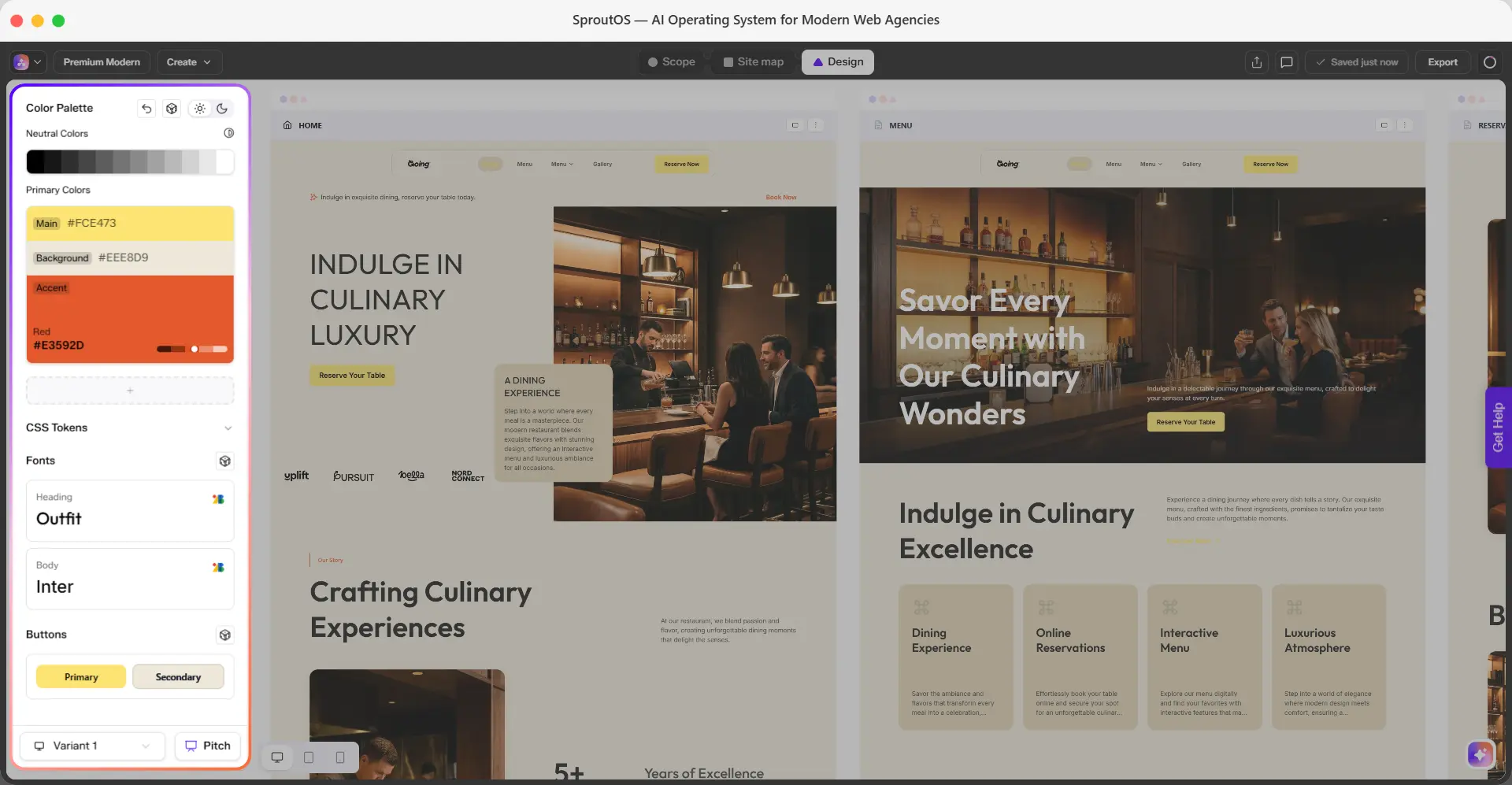 Design Panel showing Color Palette, Fonts, Buttons, and Cards controls in the left sidebar