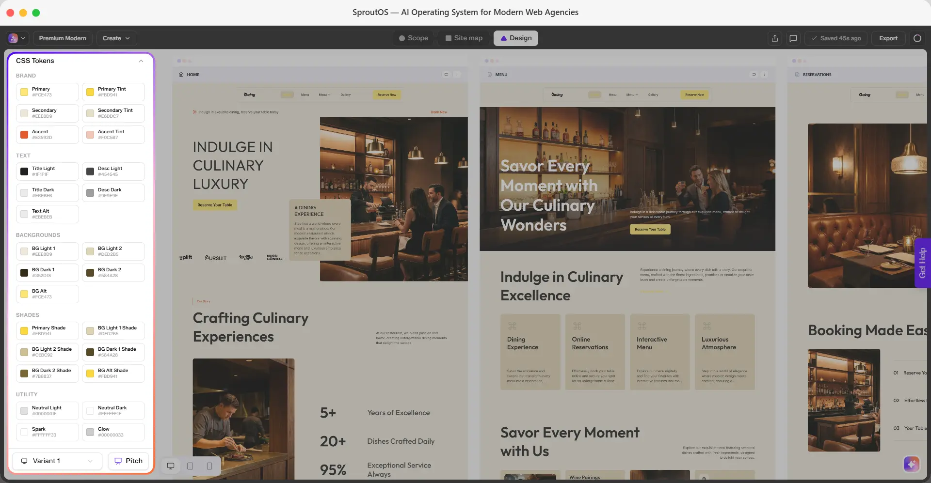 CSS Tokens panel showing Brand, Text, Backgrounds, Shades, and Utility color groups