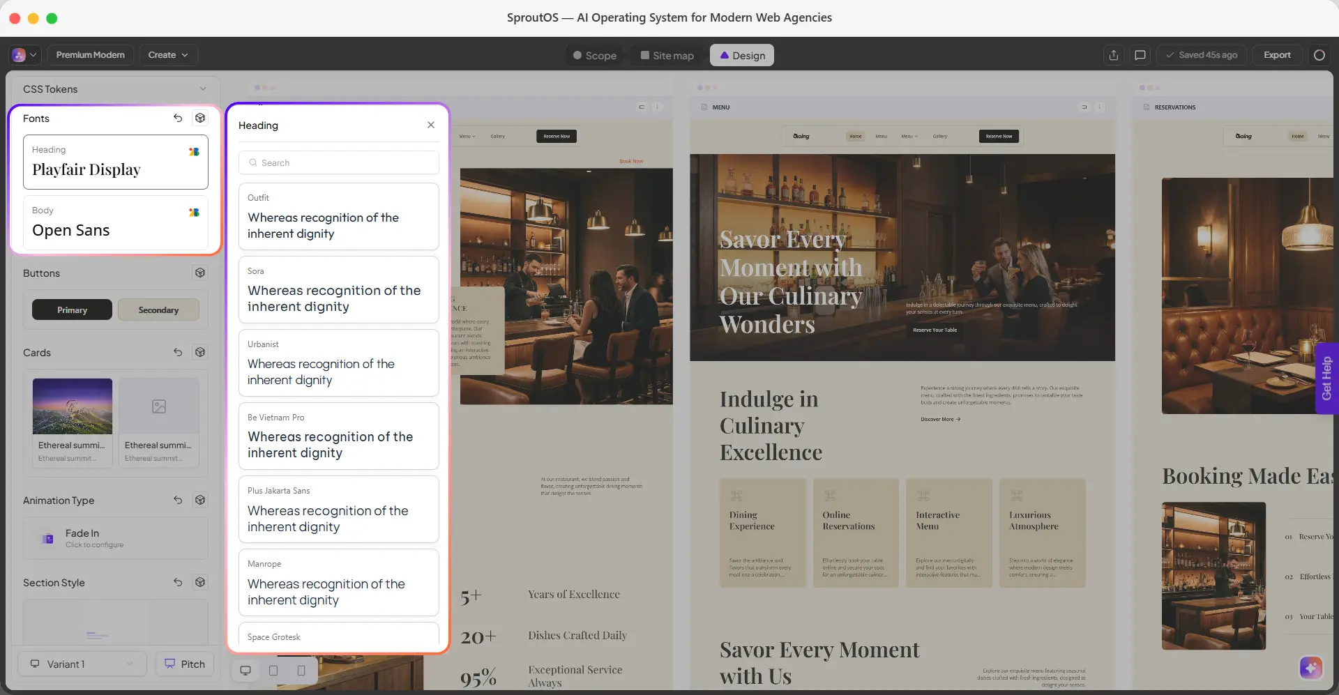 Fonts panel showing Google Fonts search with heading and body font selectors