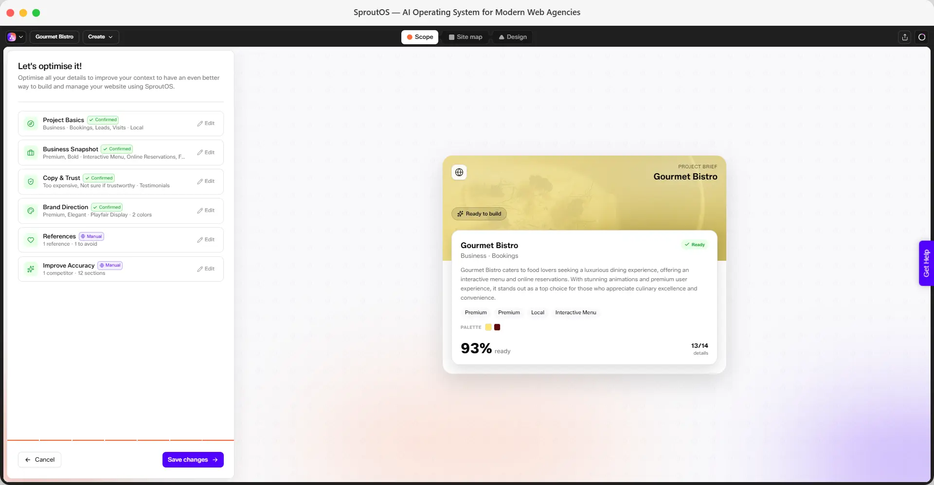 Let's optimise it panel showing all six sections with Confirmed or Manual status badges, and a live project brief preview at 93% ready
