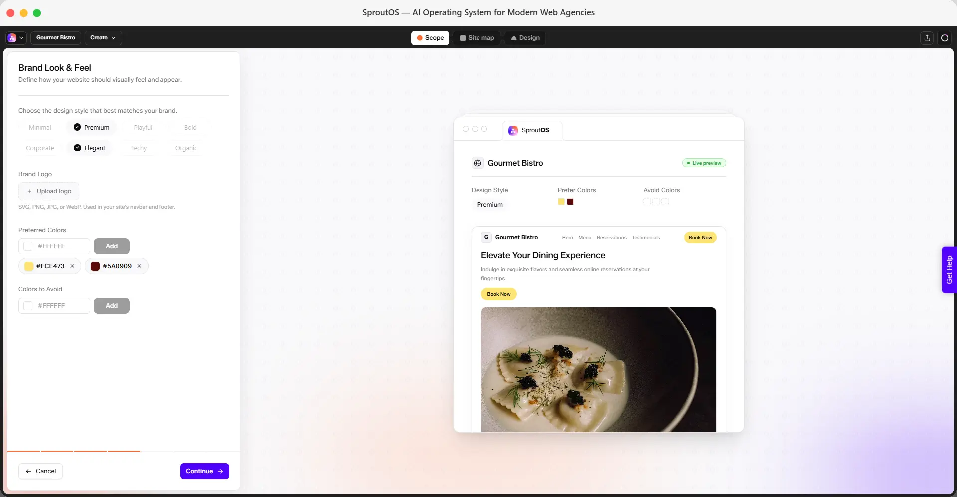 Brand Look and Feel panel showing design style, brand logo, preferred colors, and colors to avoid fields, plus a live homepage preview