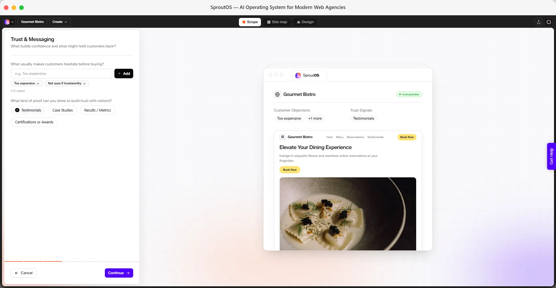 Trust and Messaging panel showing customer objection and trust proof fields, plus a live homepage preview