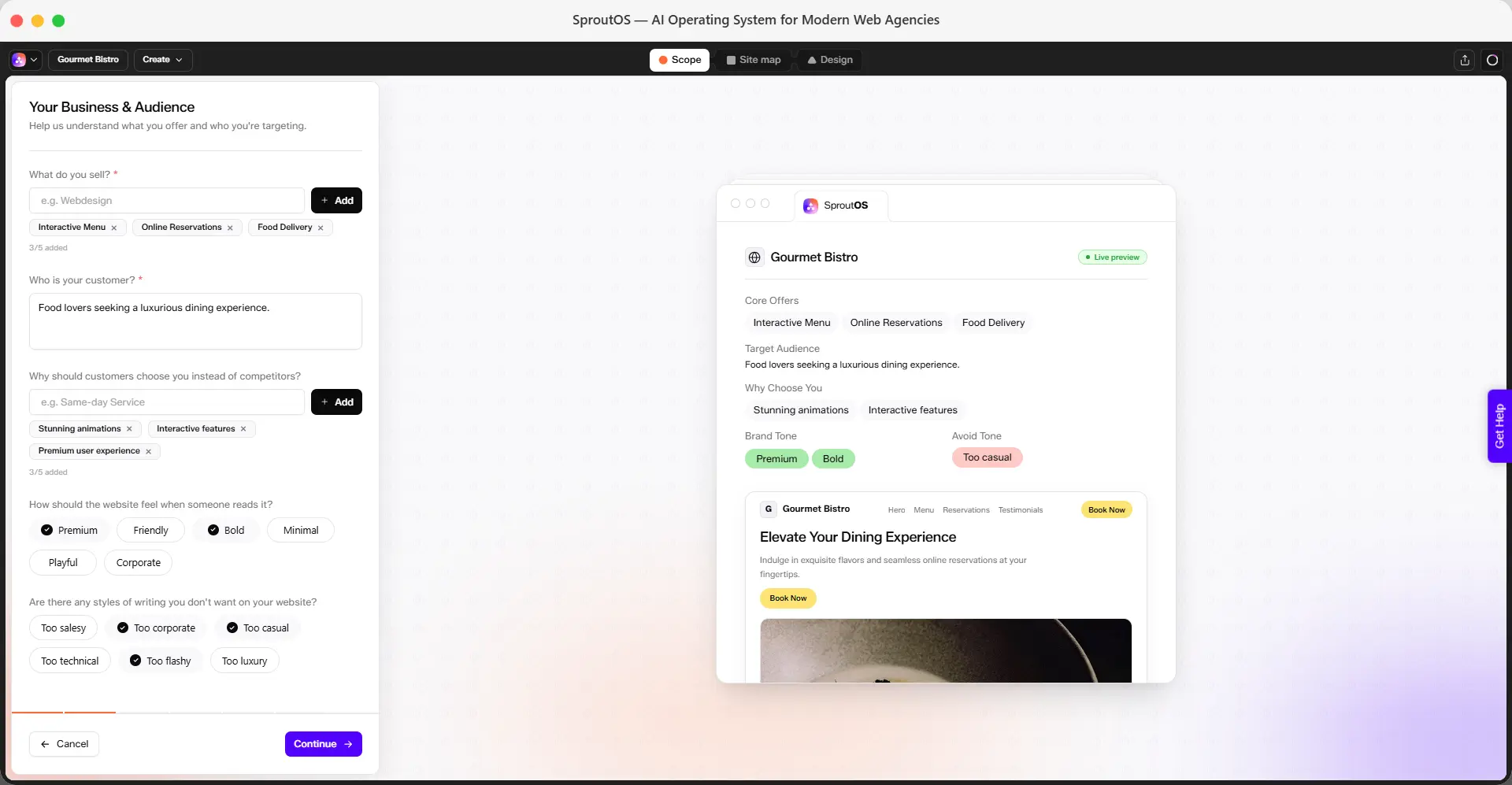 Your Business and Audience panel showing product, customer, differentiator, and tone fields, plus a live homepage preview