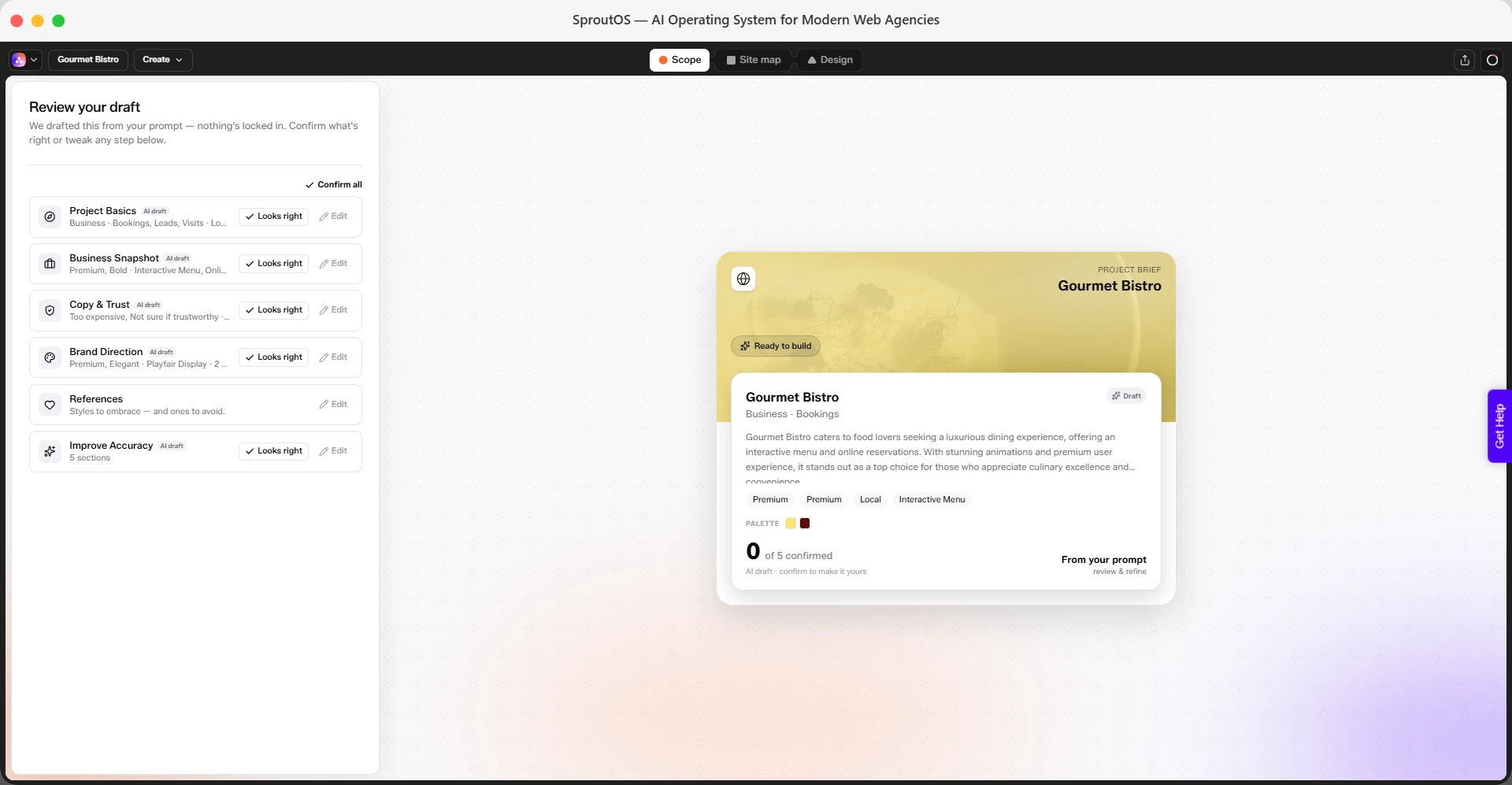 Review your draft panel showing the six-section checklist with Looks right and Edit buttons, and a live project brief preview