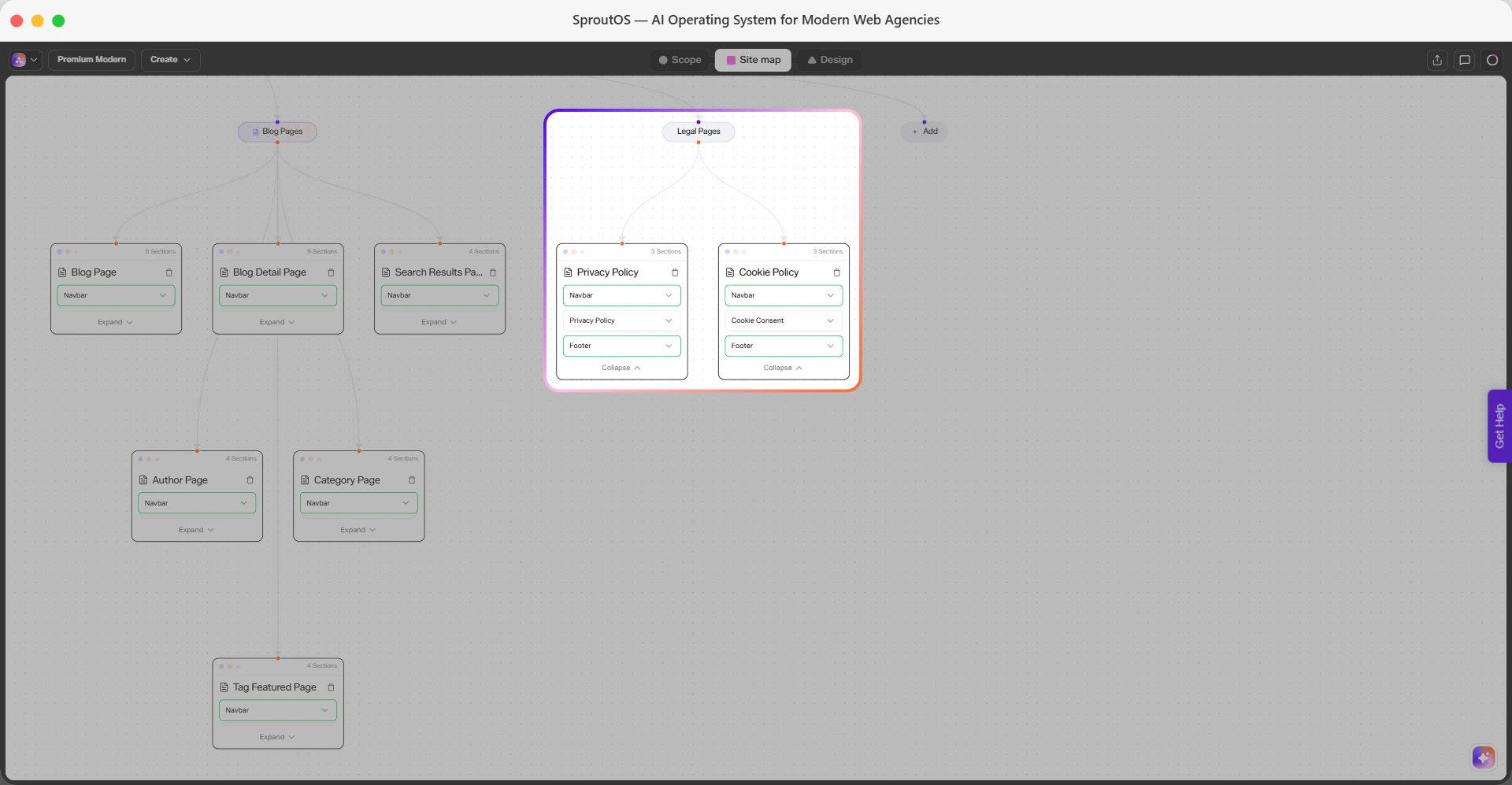Legal Pages group on the canvas showing Privacy Policy and Cookie Policy, each with Navbar, content, and Footer sections
