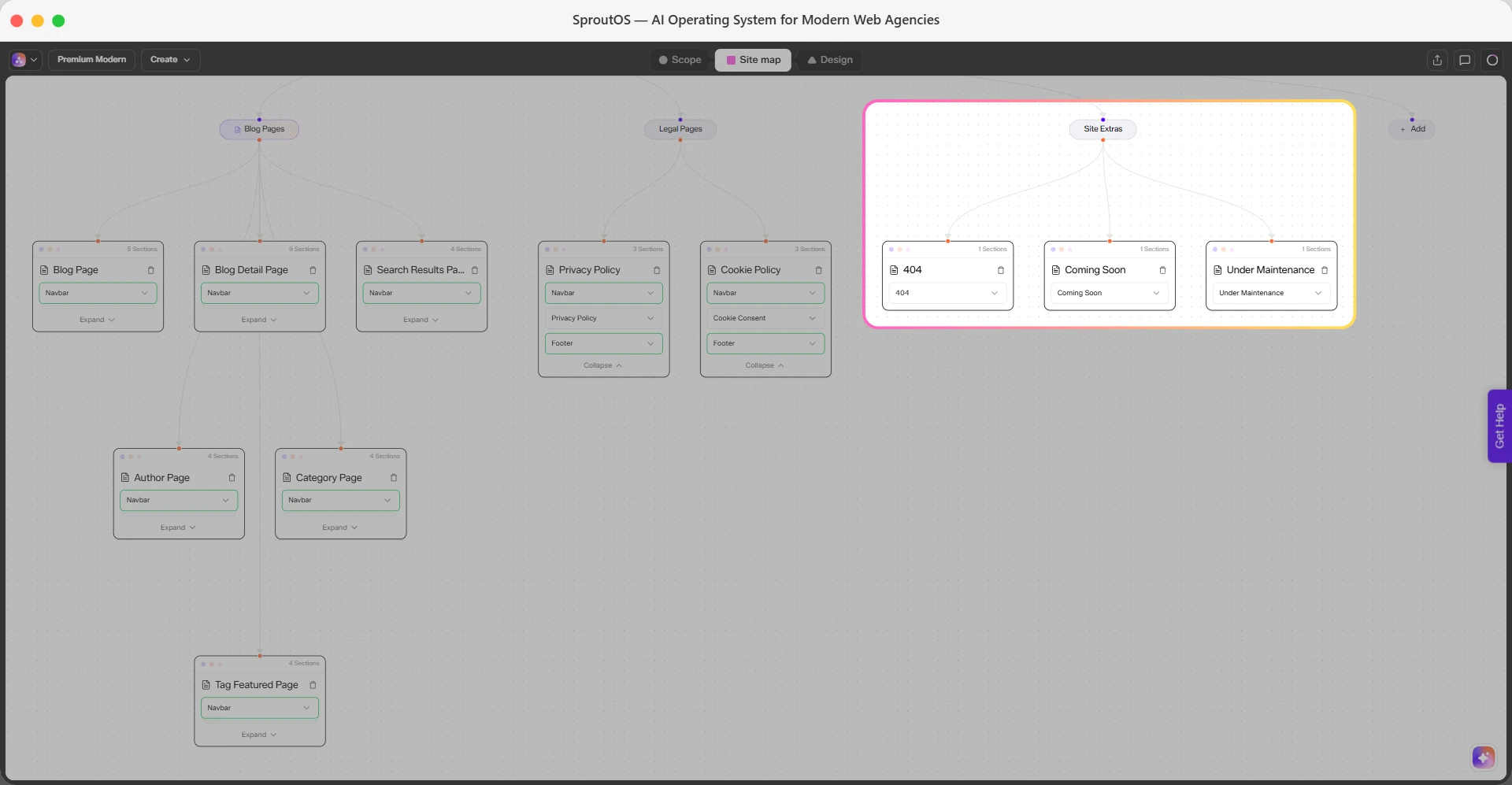 Site Extras group on the canvas showing 404, Coming Soon, and Under Maintenance pages