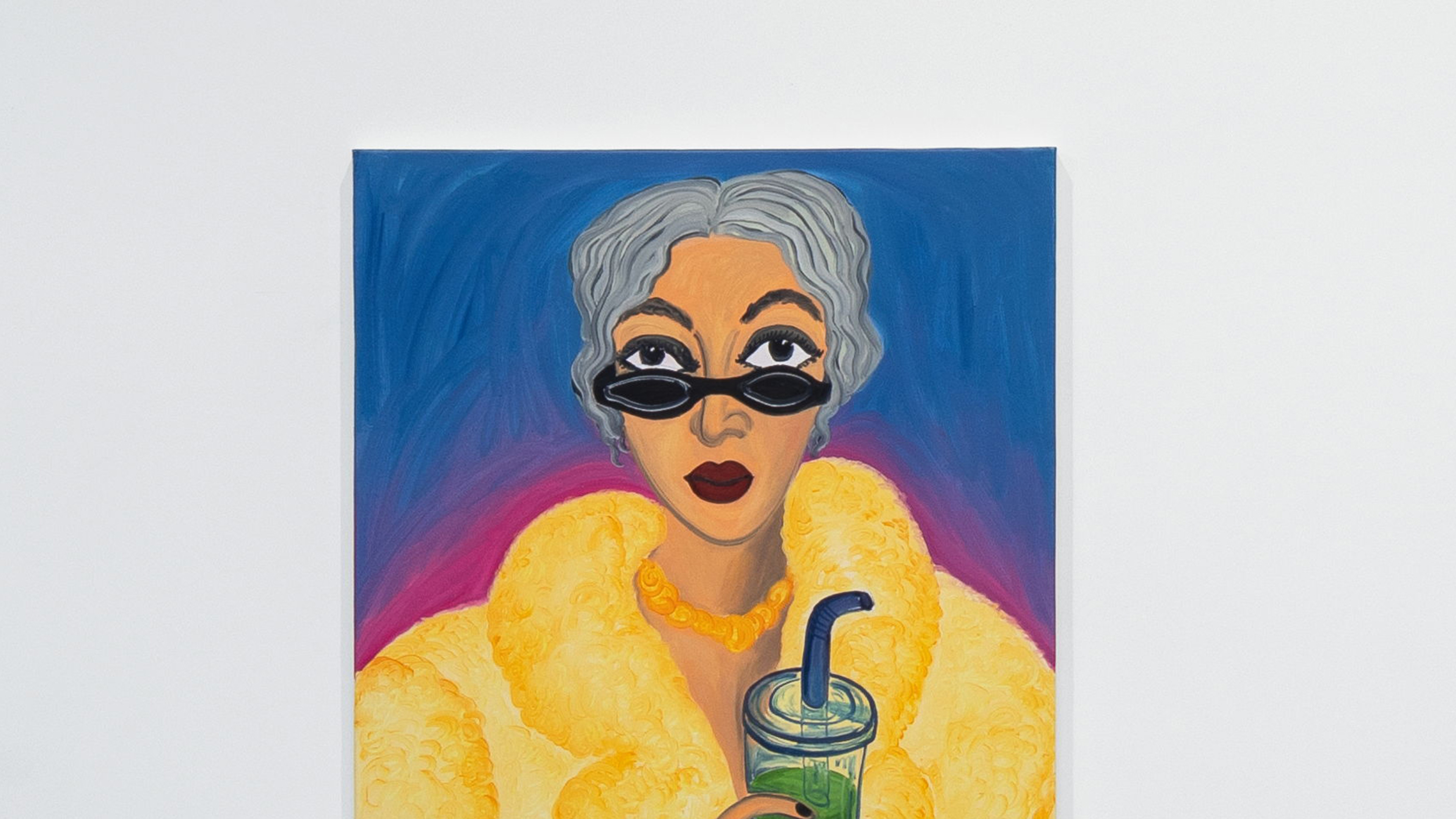 Woman in Faux Fur Drinking Kale Juice