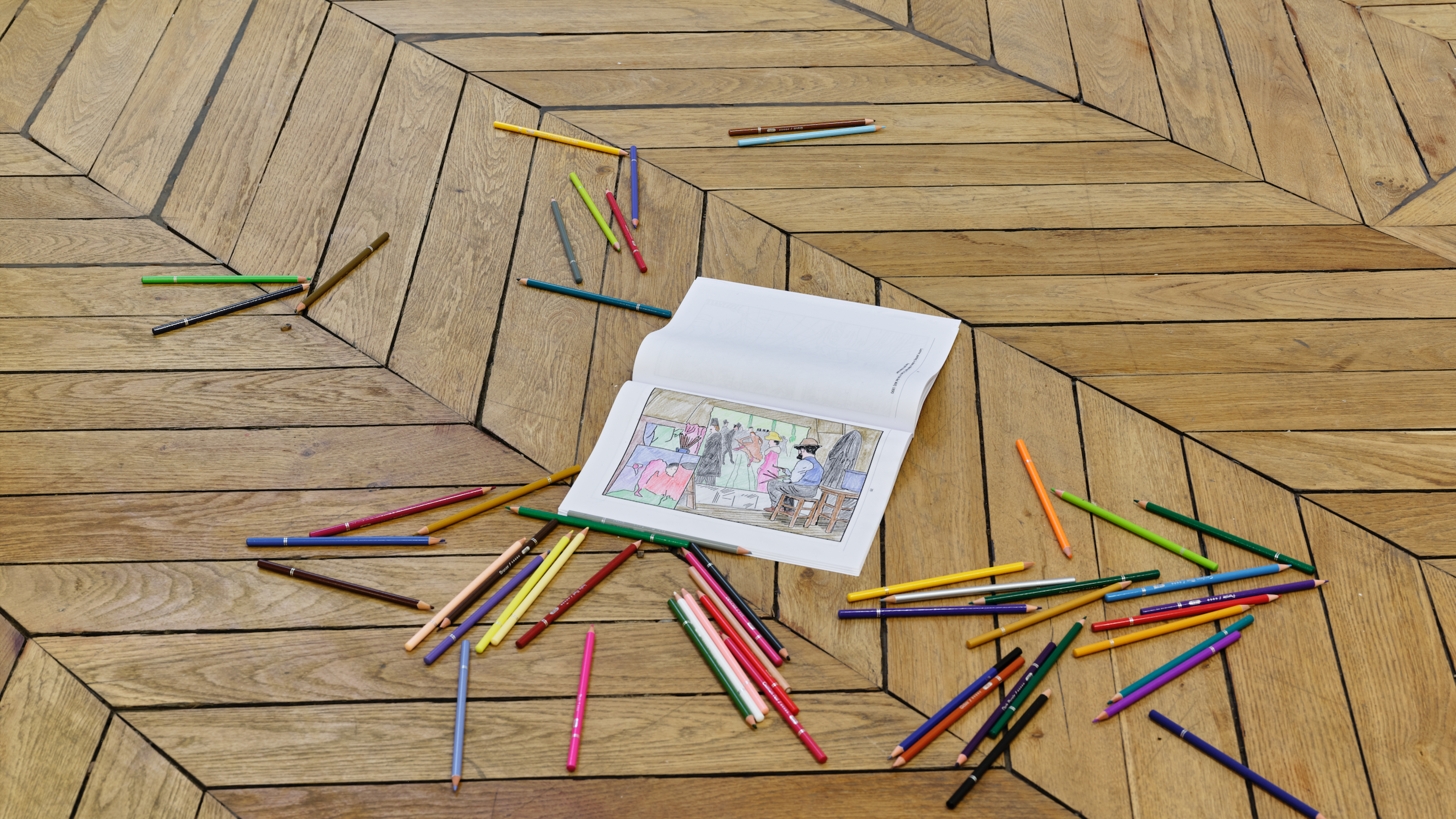 The Toulouse-Lautrec Coloring Book and fifty five colouring pencils, five pages completed by Minute,...