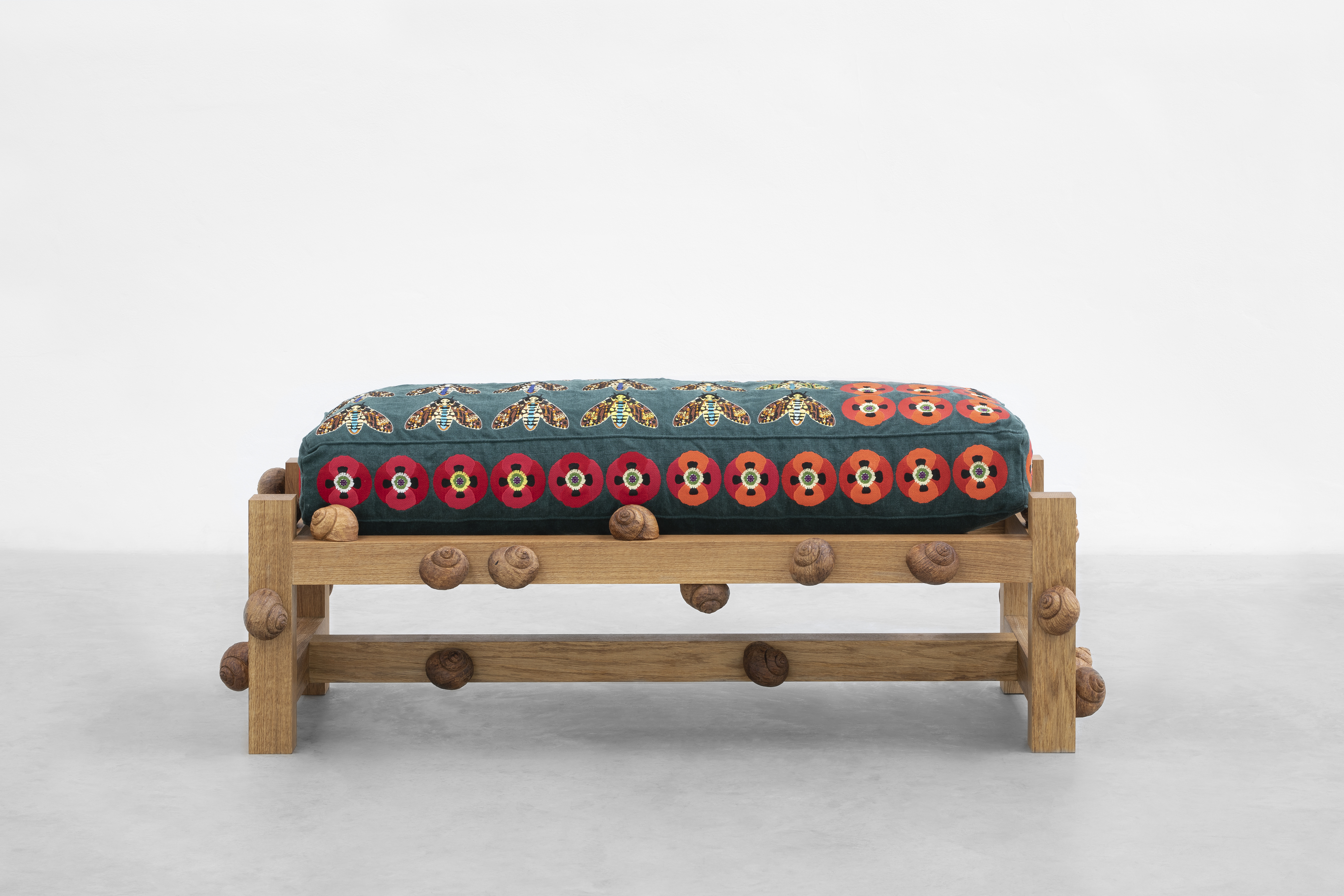 Oak bench with death head hawk moths, opium poppy flowers and snails