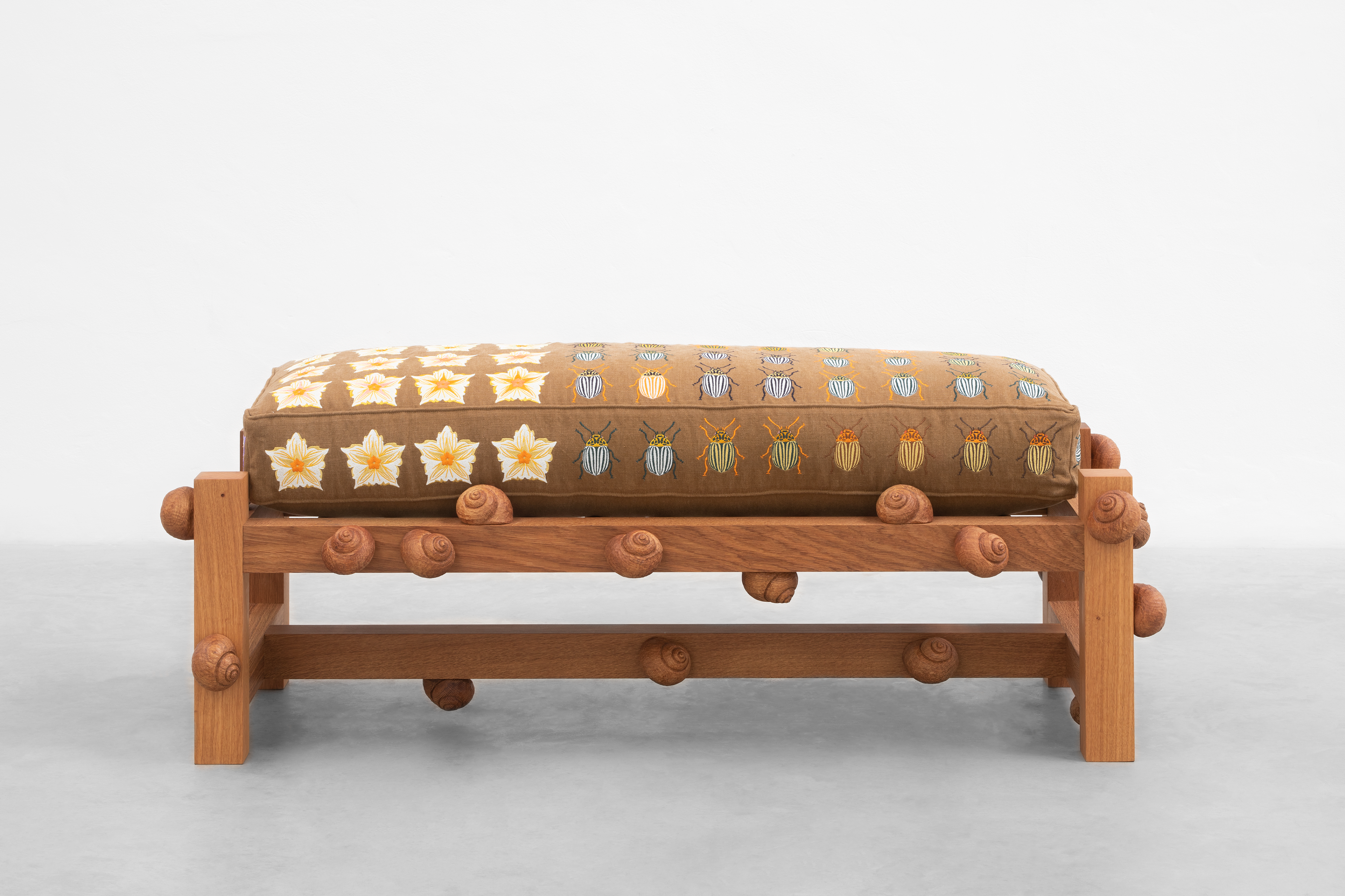 Oak bench with Colorado beetles, potato flowers and snails