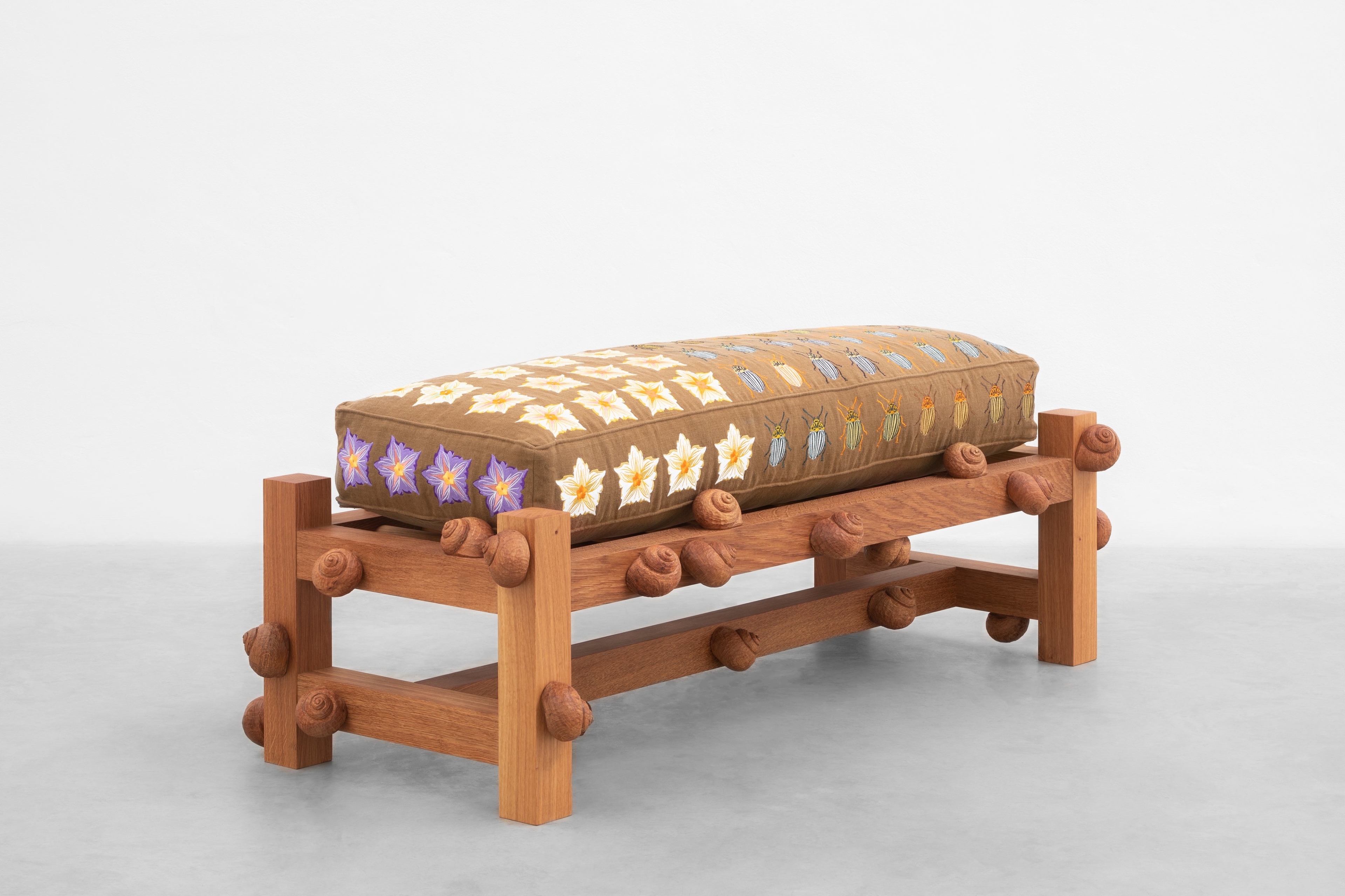 Oak bench with Colorado beetles, potato flowers and snails