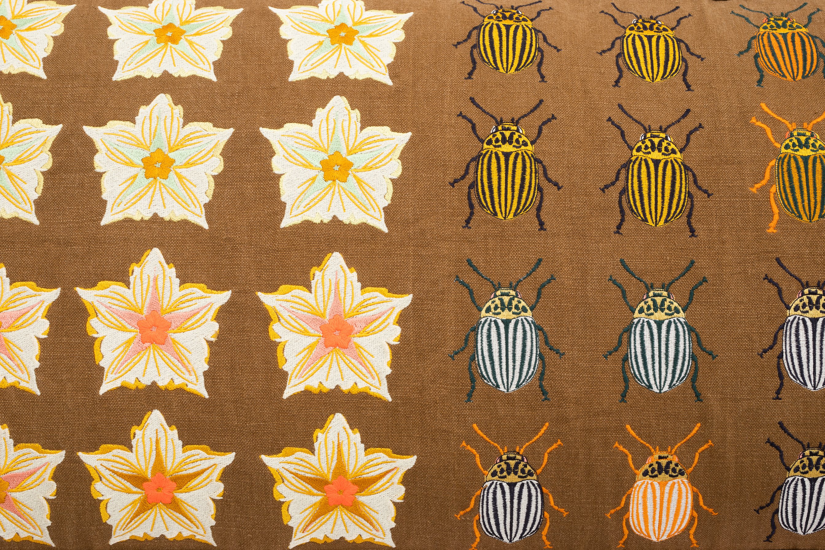 Oak bench with Colorado beetles, potato flowers and snails