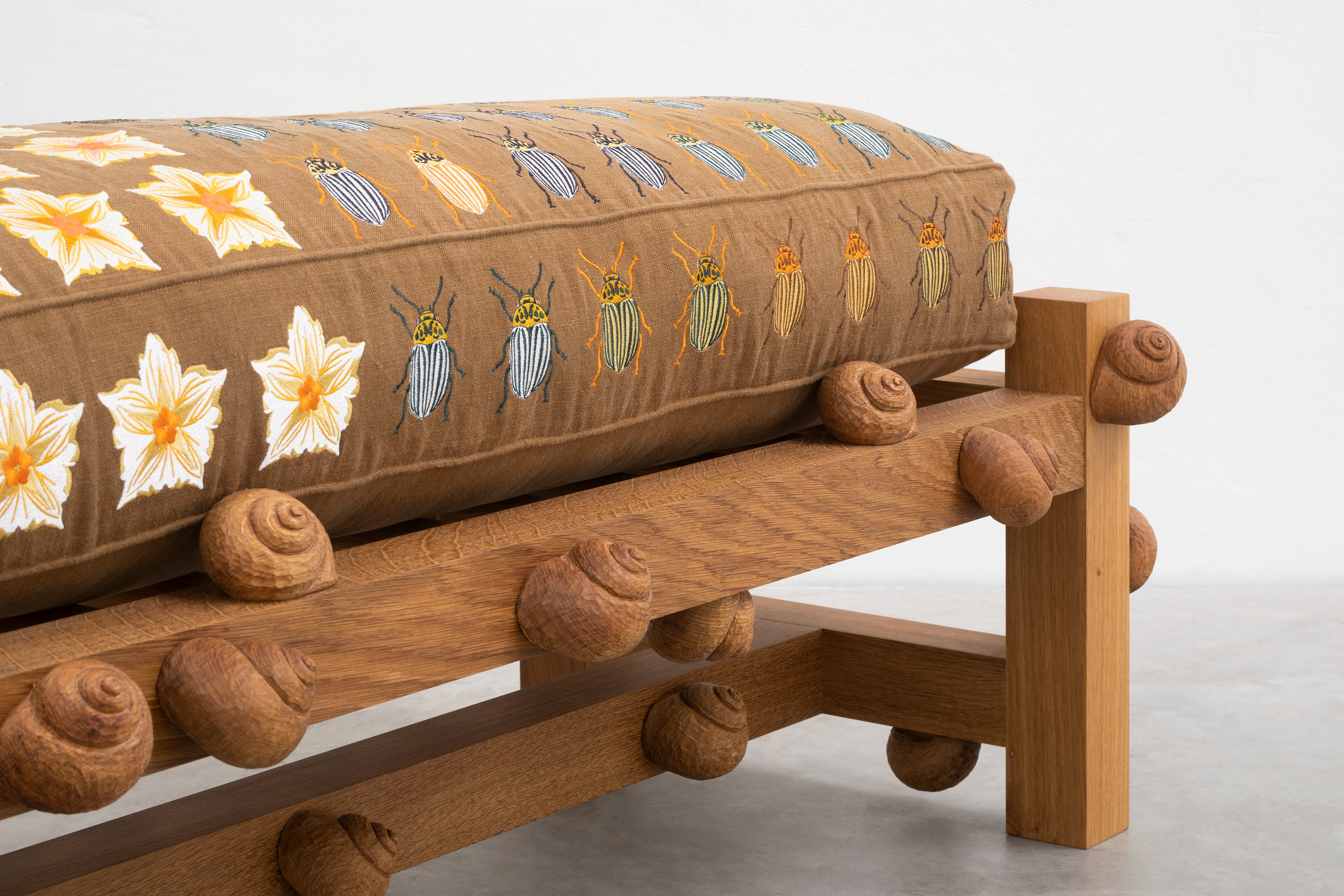 Oak bench with Colorado beetles, potato flowers and snails